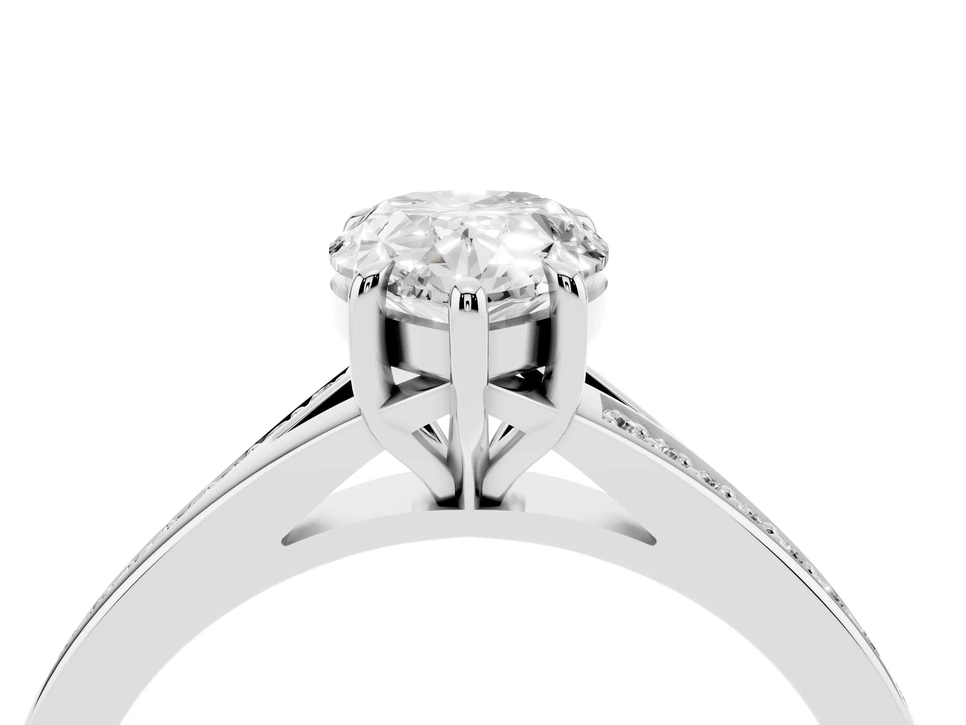 Pear Cut Diamond Solitaire Ring Set in Platinum with Pavé Accent Band and Classic Prong Setting