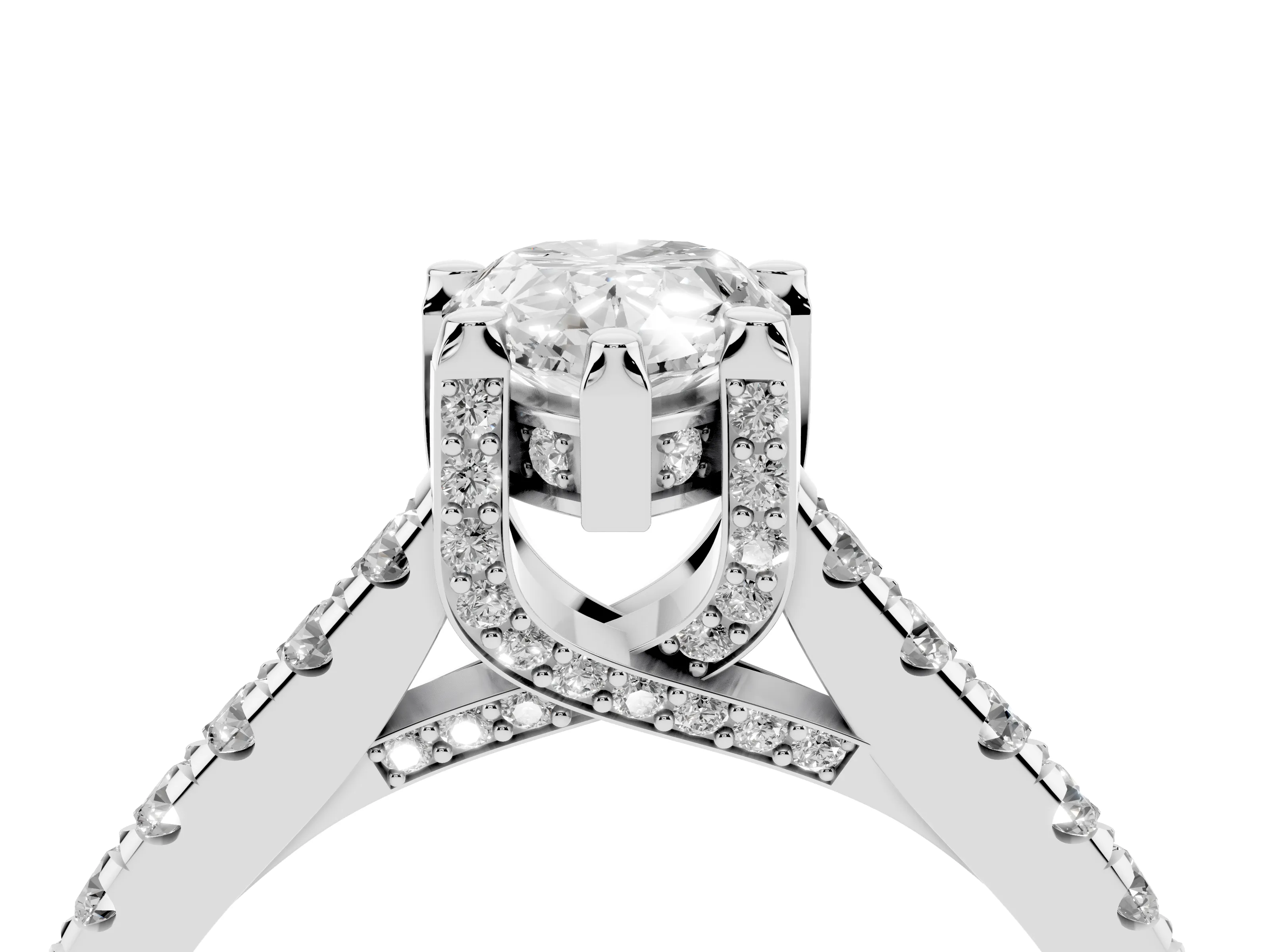 Pear Cut Diamond Solitaire Ring Set in Platinum with Brilliant Pavé Band and Prong Setting