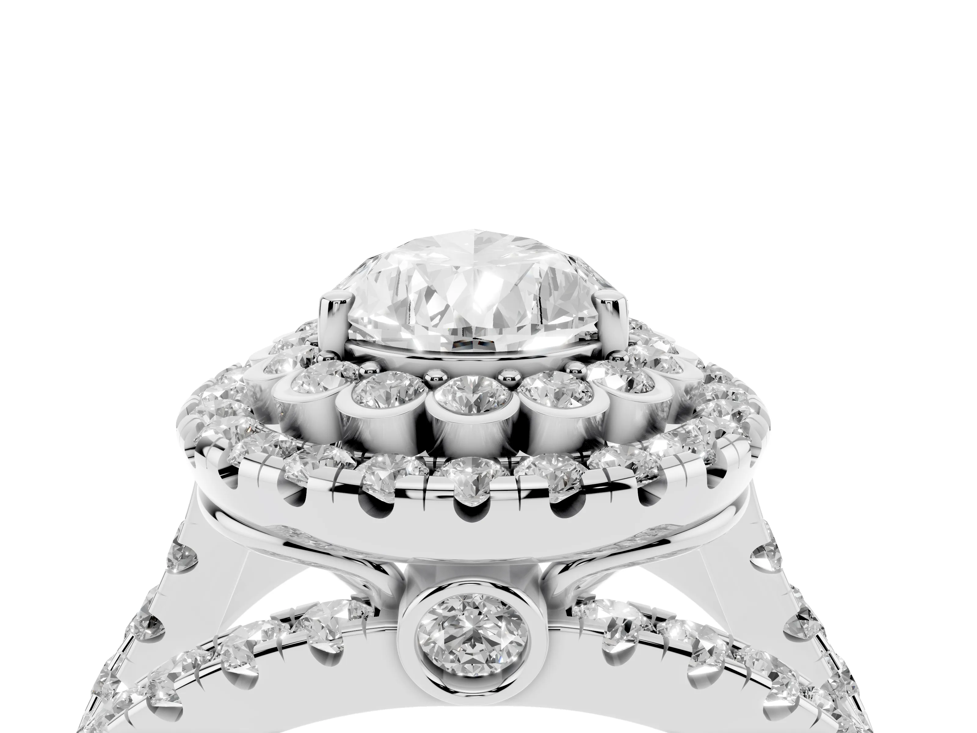 Pear Cut Diamond Double Halo Ring Set in Silver with Round Pavé Split Shank