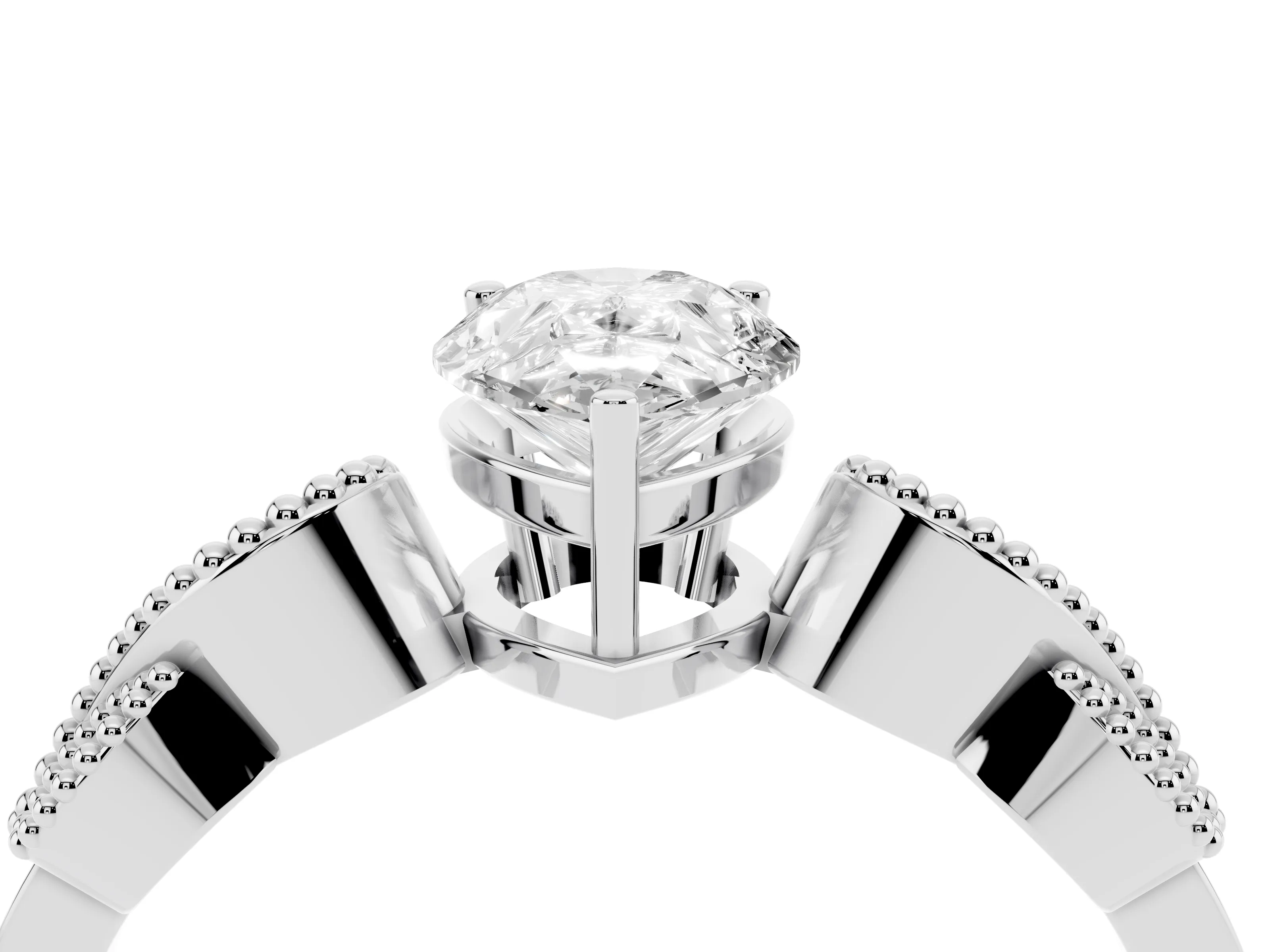 Pear Cut Diamond Milgrain Leaf Band Solitaire Ring Set in White gold with Accent Stones and Prong Setting