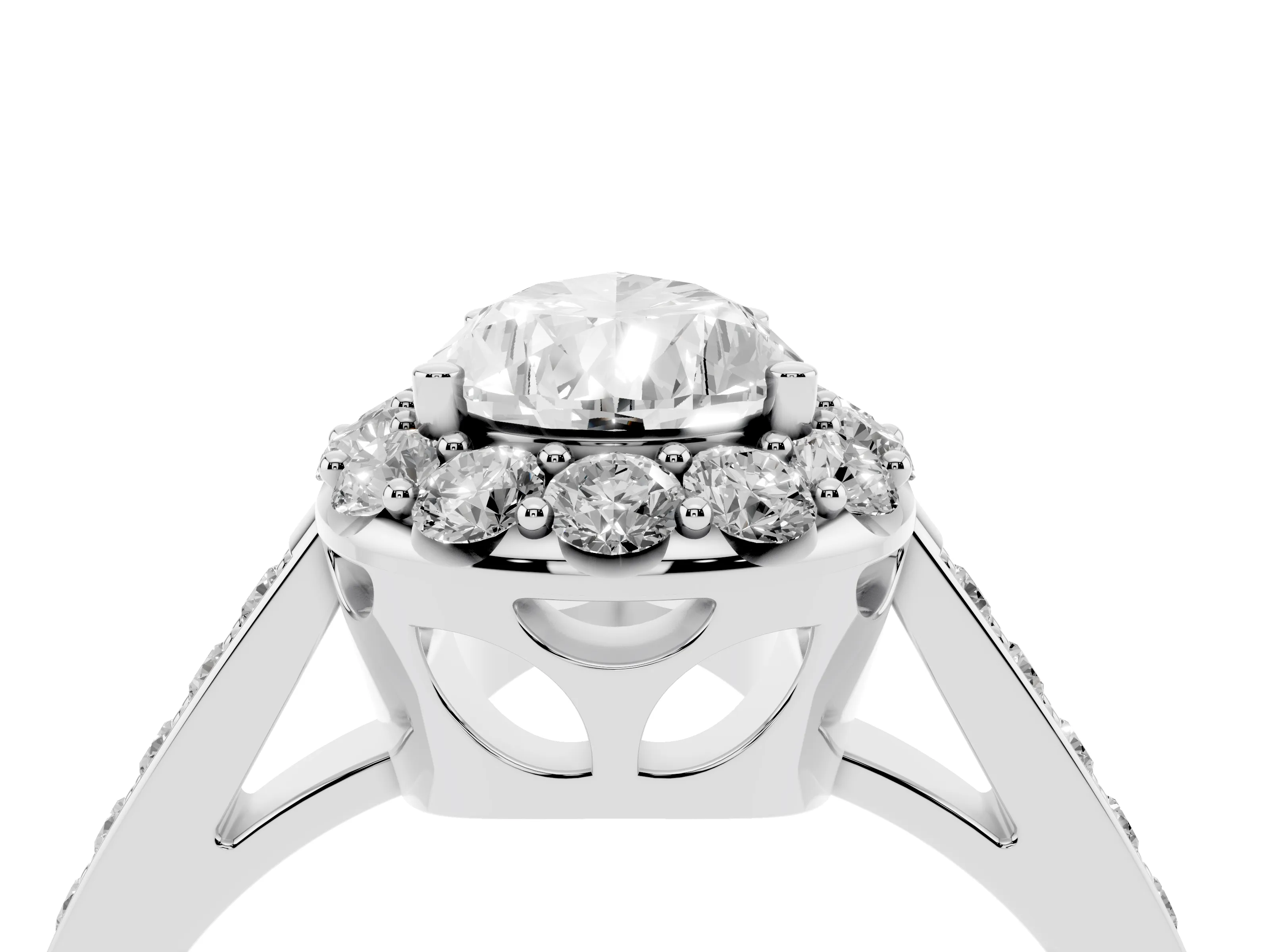 Pear Cut Diamond Floral Halo Ring Set in White gold with Pavé Band and Prong Setting