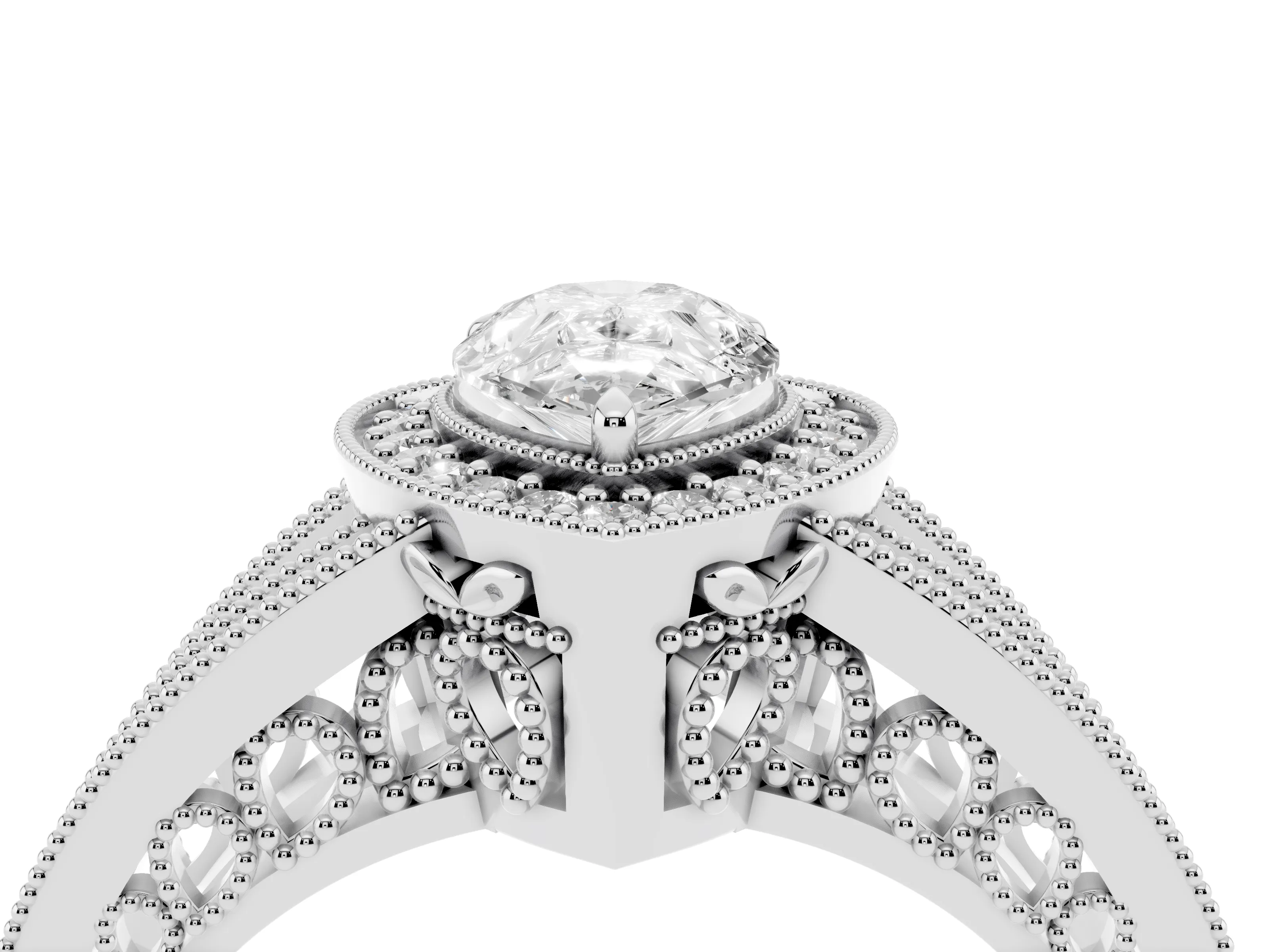 Pear Cut Diamond Halo Ring Set in White gold with Stone-Set Split Shank and Milgrain Edges