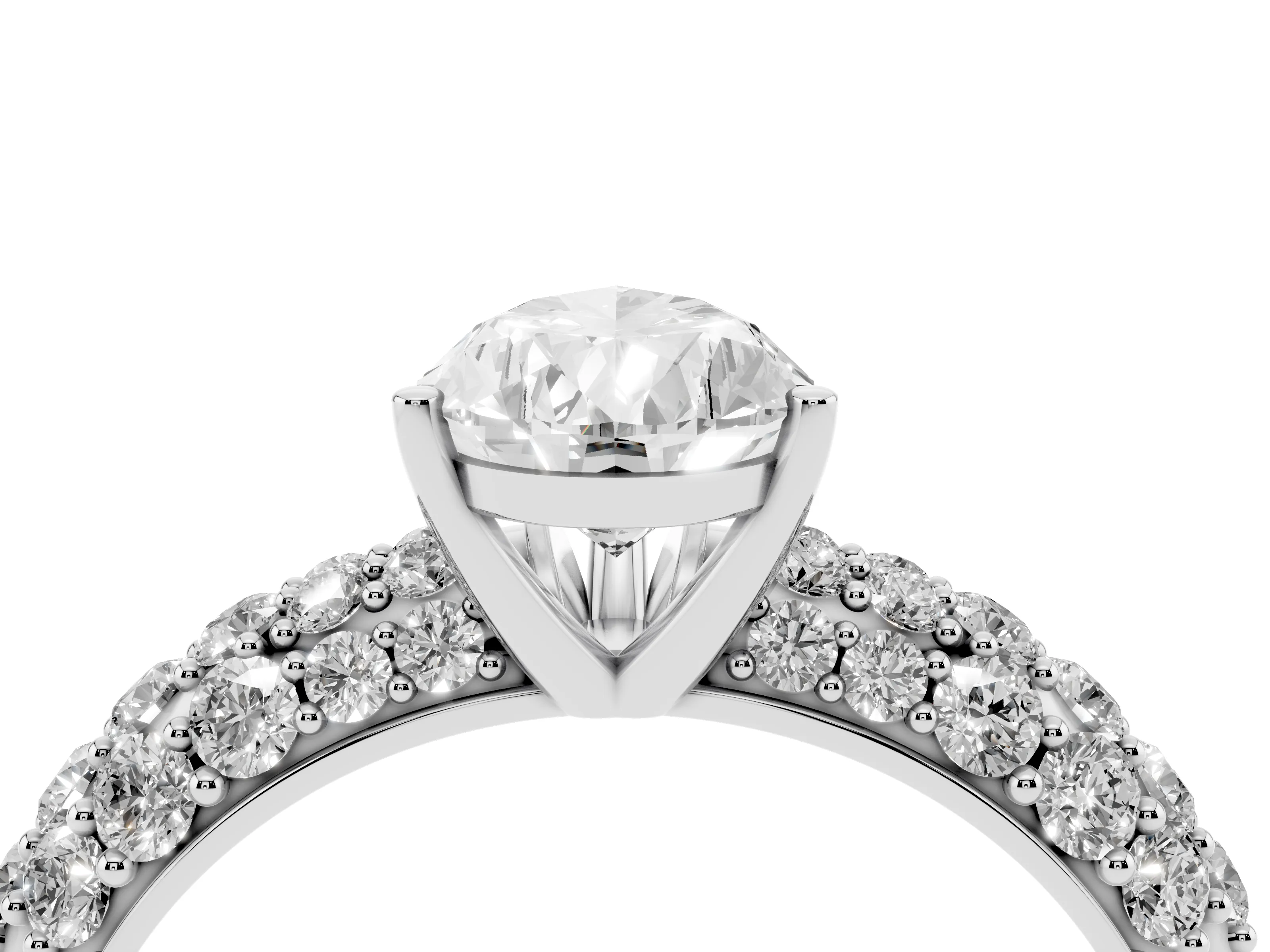 Pear Cut Diamond Pavé Band Solitaire Ring Set in White gold with Close-Set Accent Stones and Prong Setting