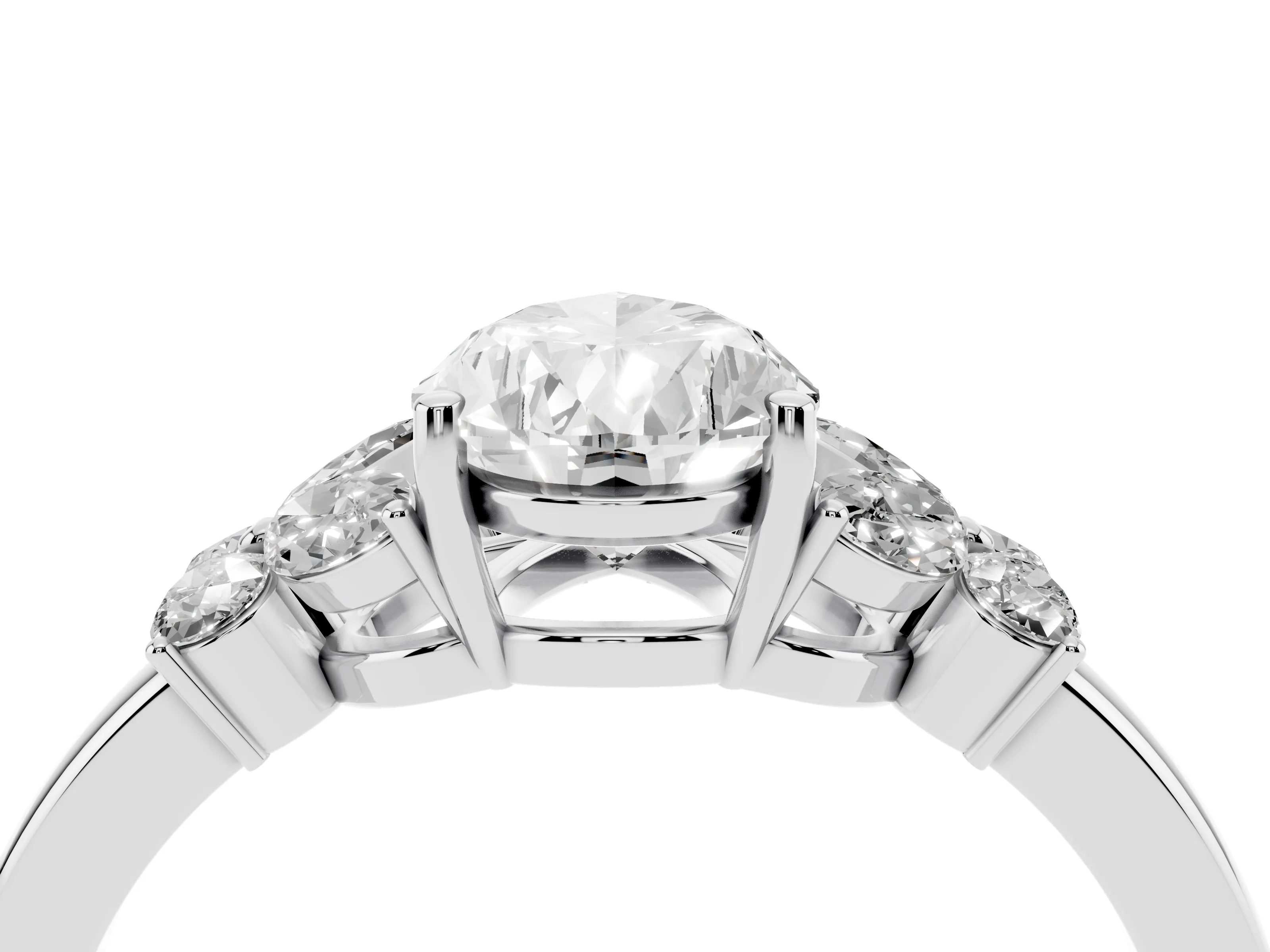 Pear Cut Diamond Solitaire Floral Ring Set in Silver with Marquise Petals and Prong Setting