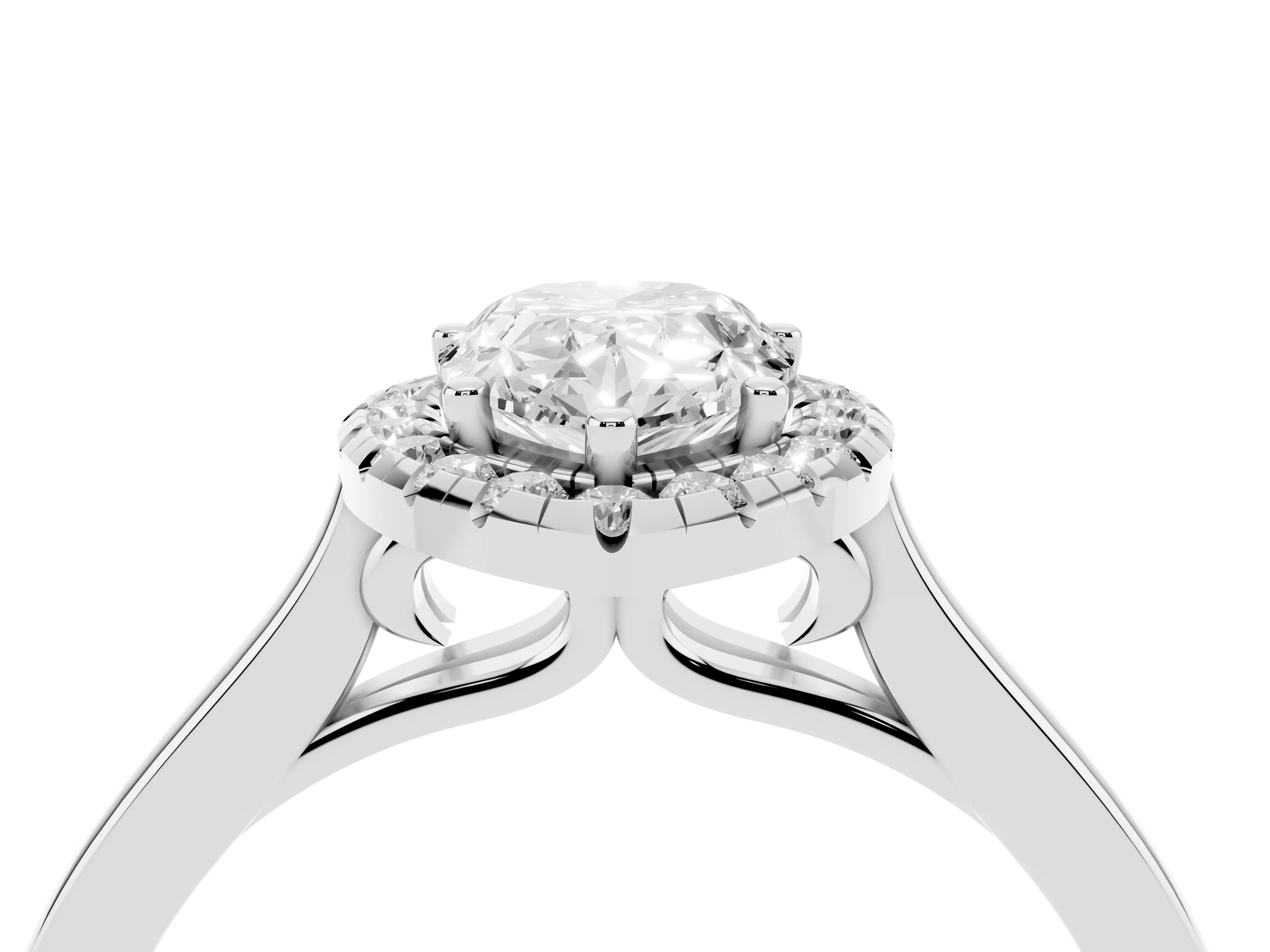 Pear Cut Halo Round Diamond Solitaire Ring Set in Platinum with Pavé Band and Prong Setting