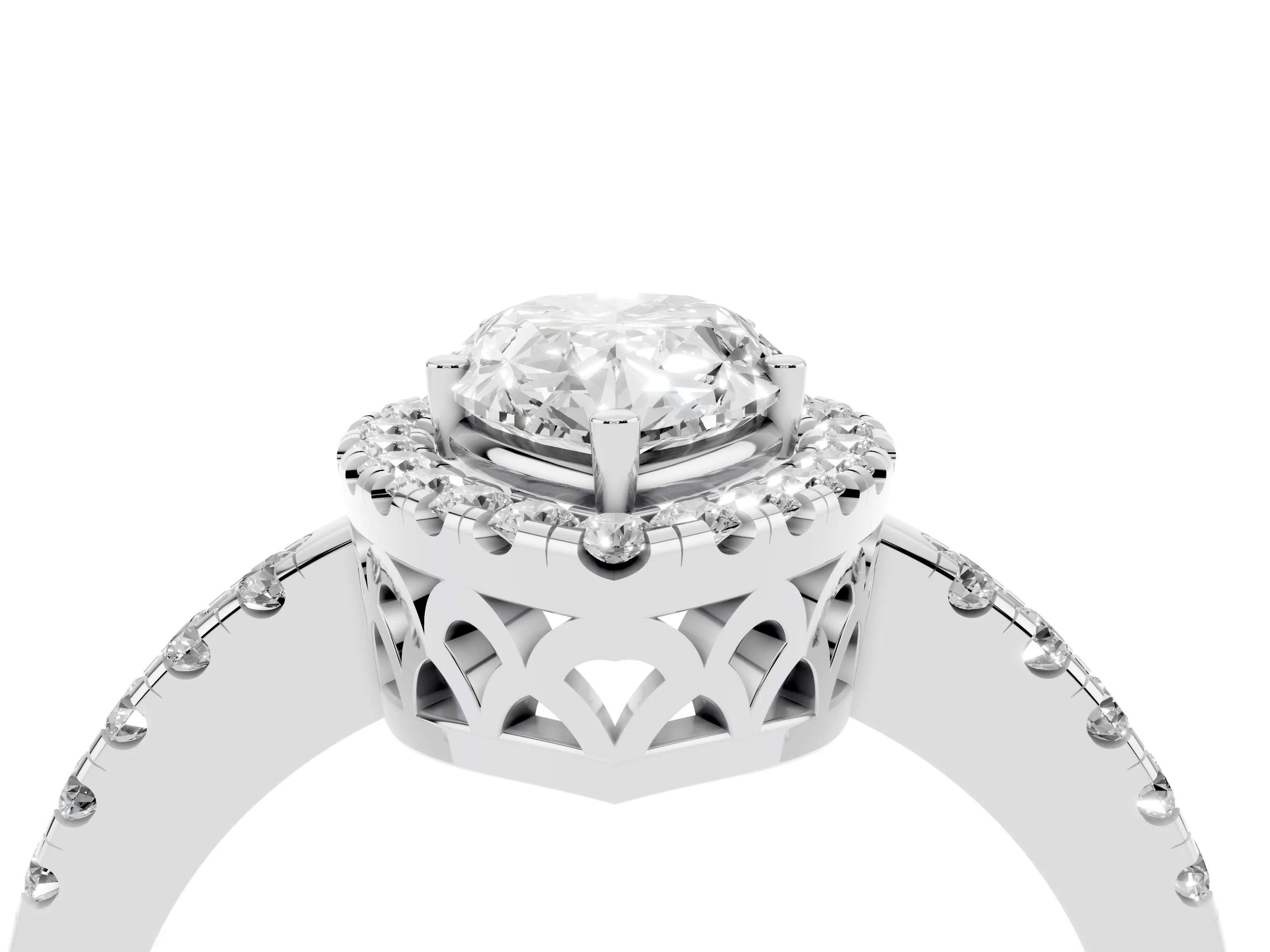Pear Cut Diamond Pavé Band Halo Engagement Ring Set in Silver with Prong Setting