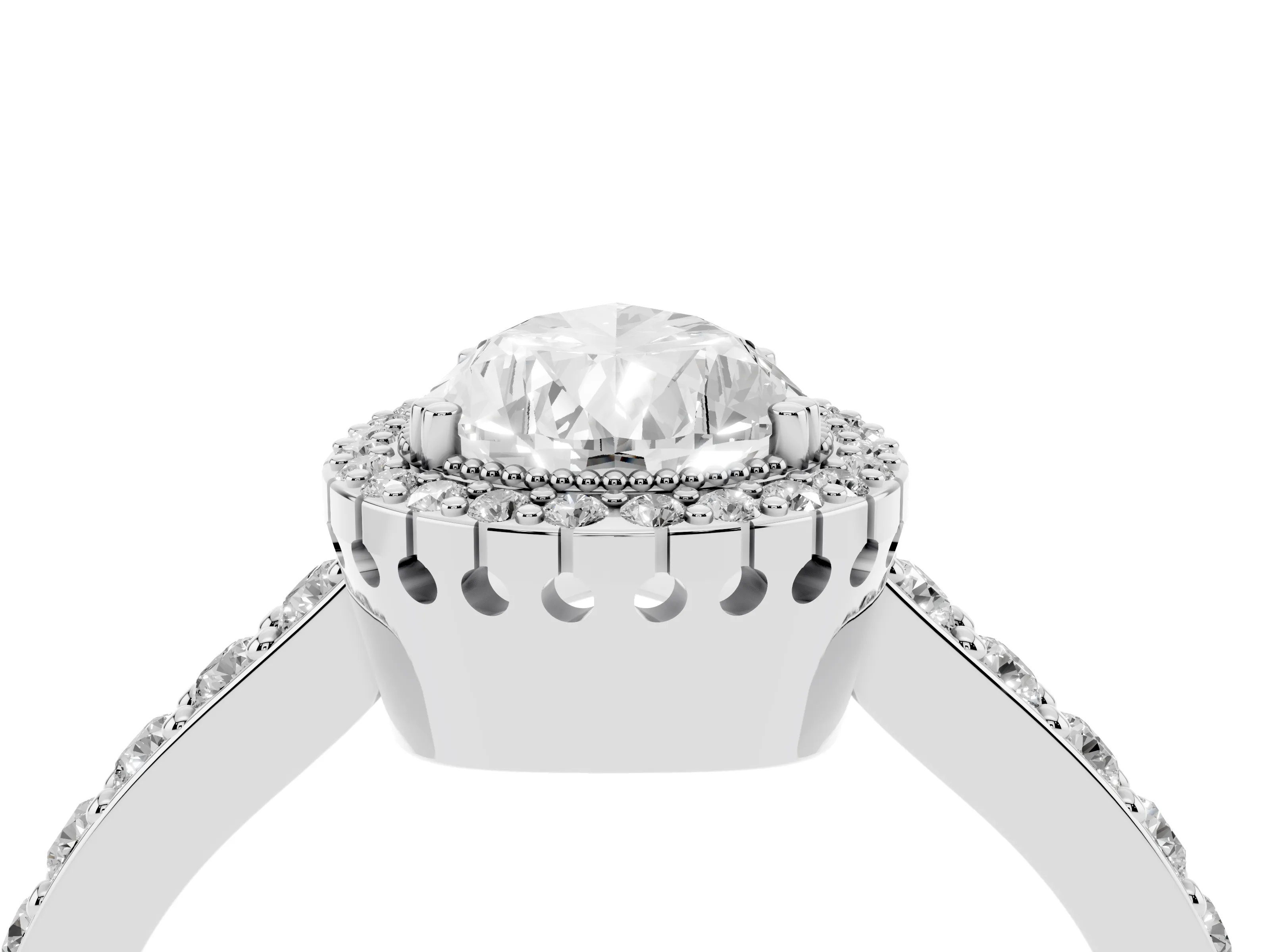 Pear Cut Diamond Halo Engagement Ring Set in Silver with Milgrain Detail and Pavé Band