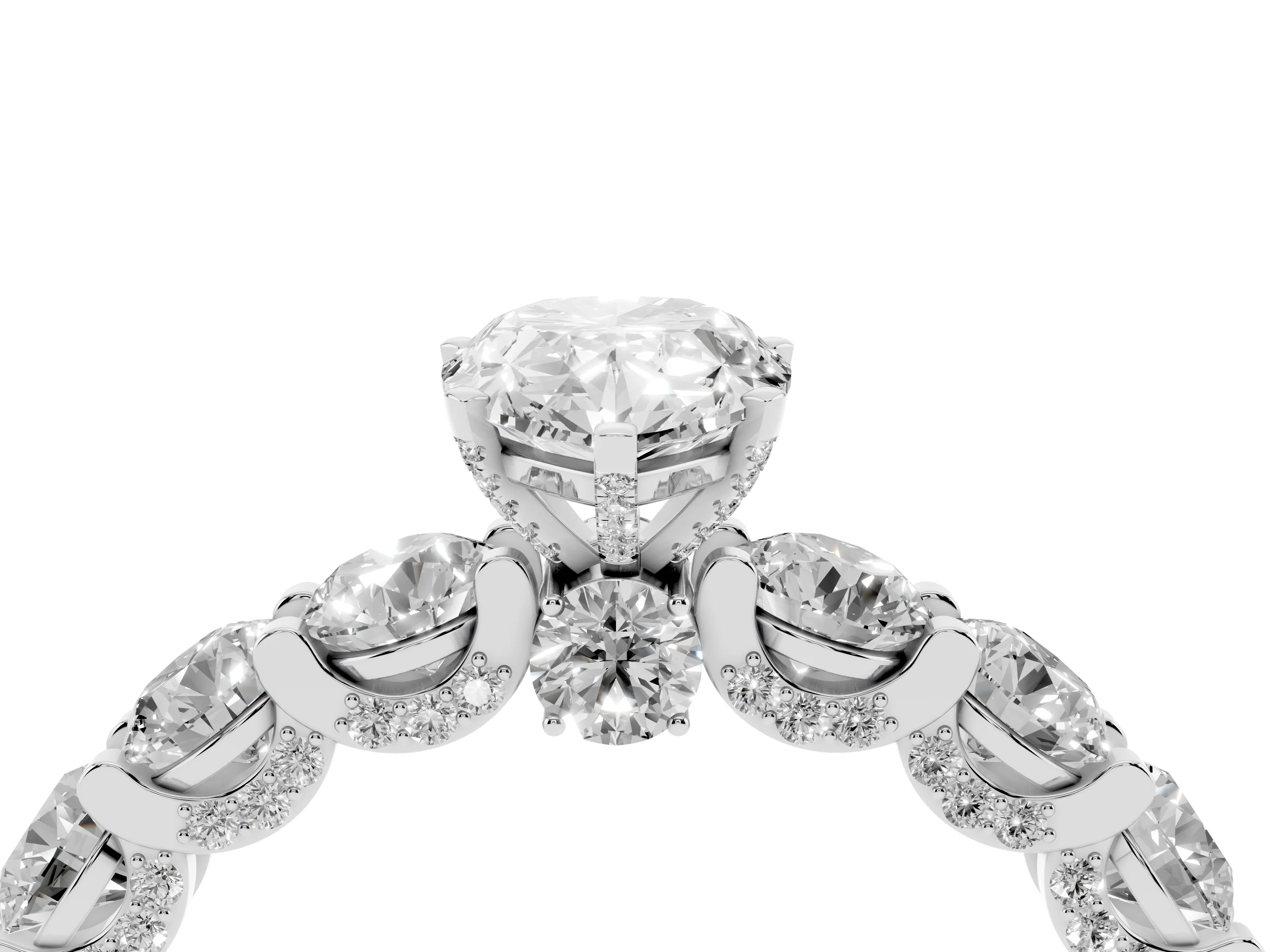 Pear Cut Diamond Side Stone Ring Set in White gold with Alternating Round and Oval Side Stones