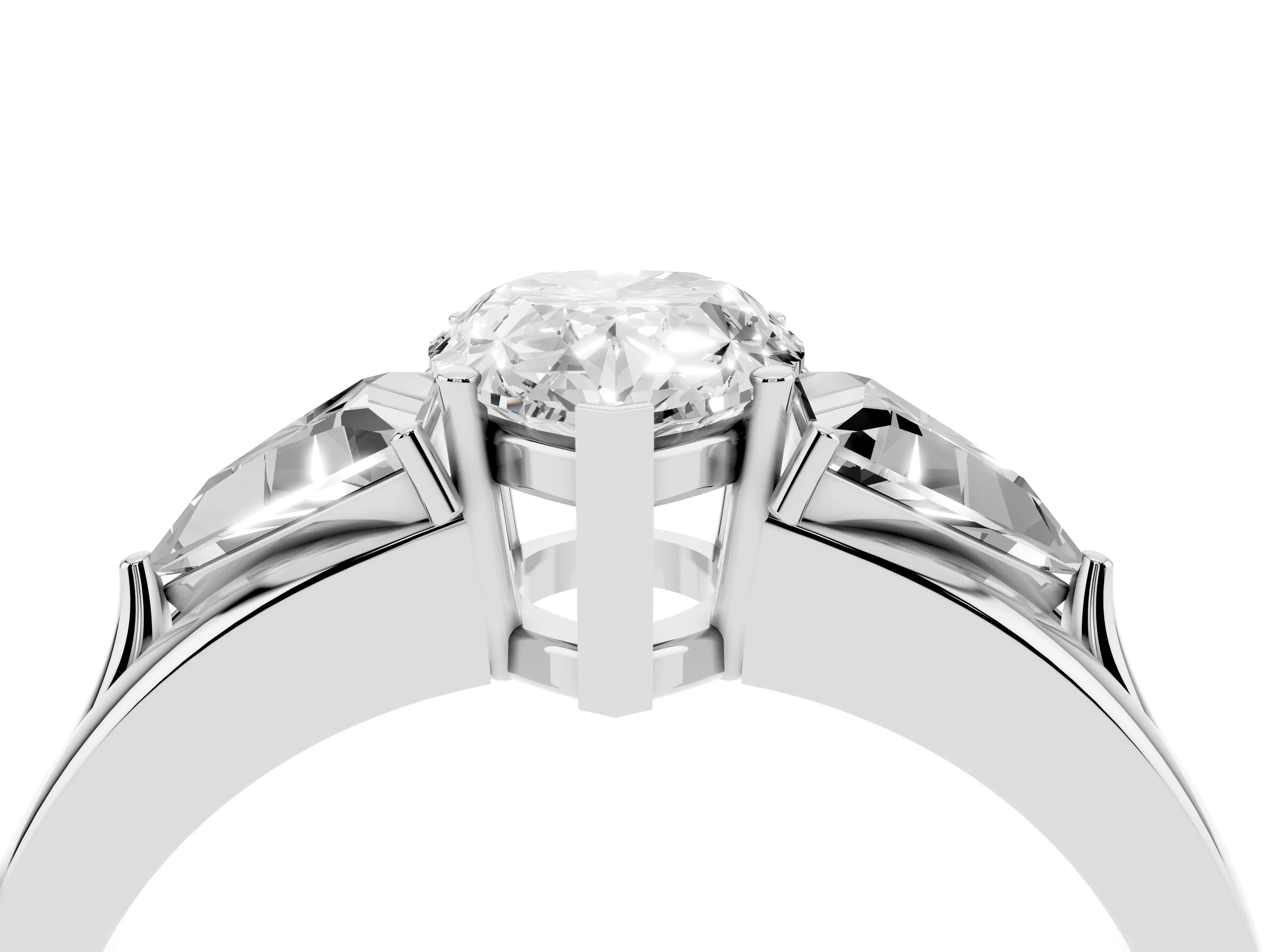 Pear Cut Diamond Three-Stone Ring Set in Platinum with Trillion Side Stones and Split Shank