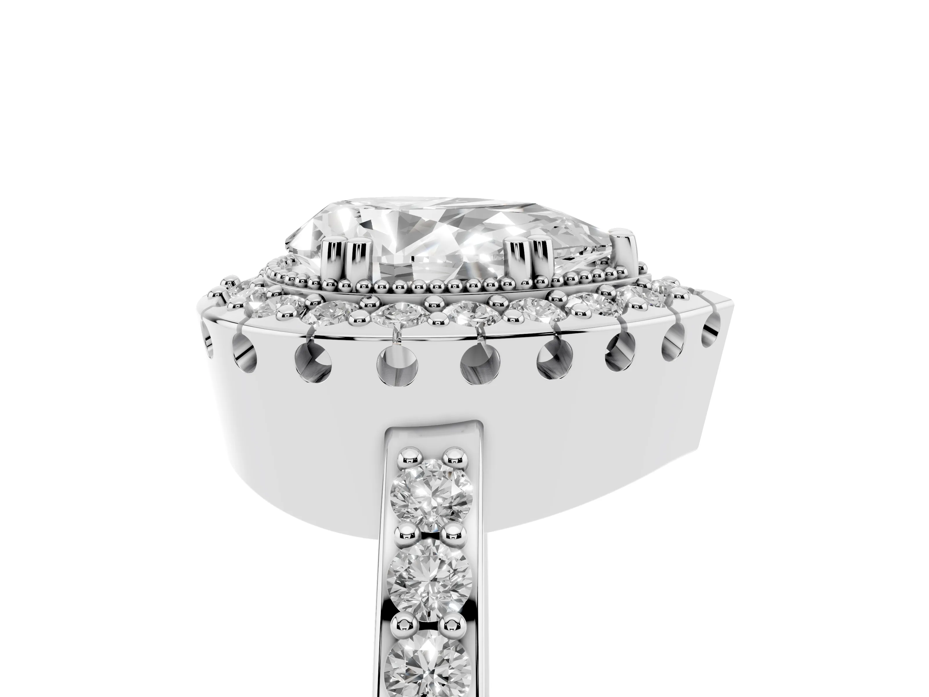 Pear Cut Diamond Halo Ring Set in Platinum with Pavé Shank and Prong Setting