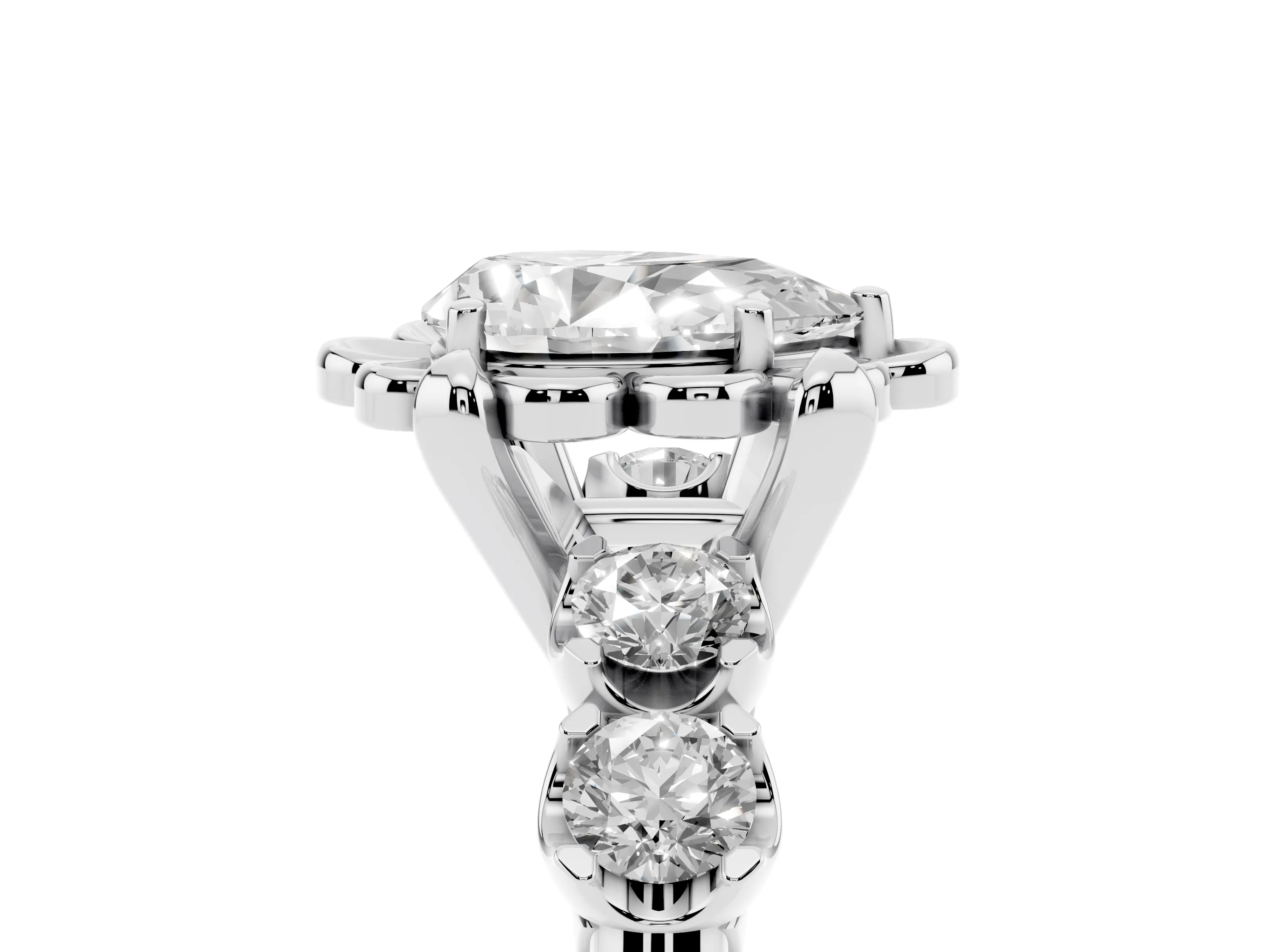 Pear Cut Diamond Floral Halo Ring Set in Silver with Shared Prong Band