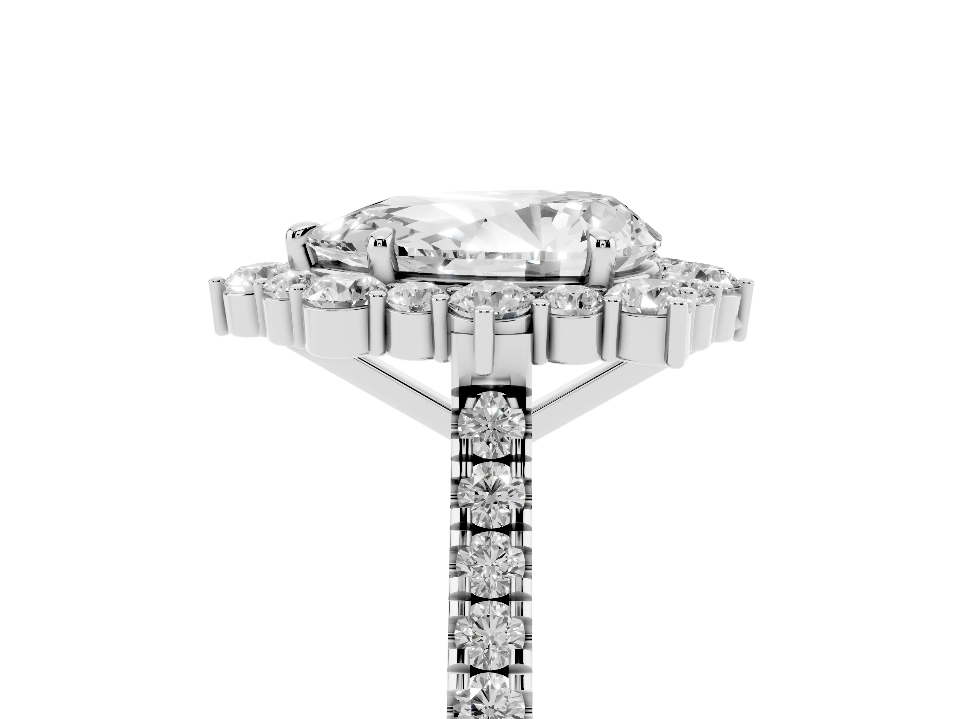 Pear Cut Diamond Halo Ring Set in White gold with Pavé Band and Prong Setting