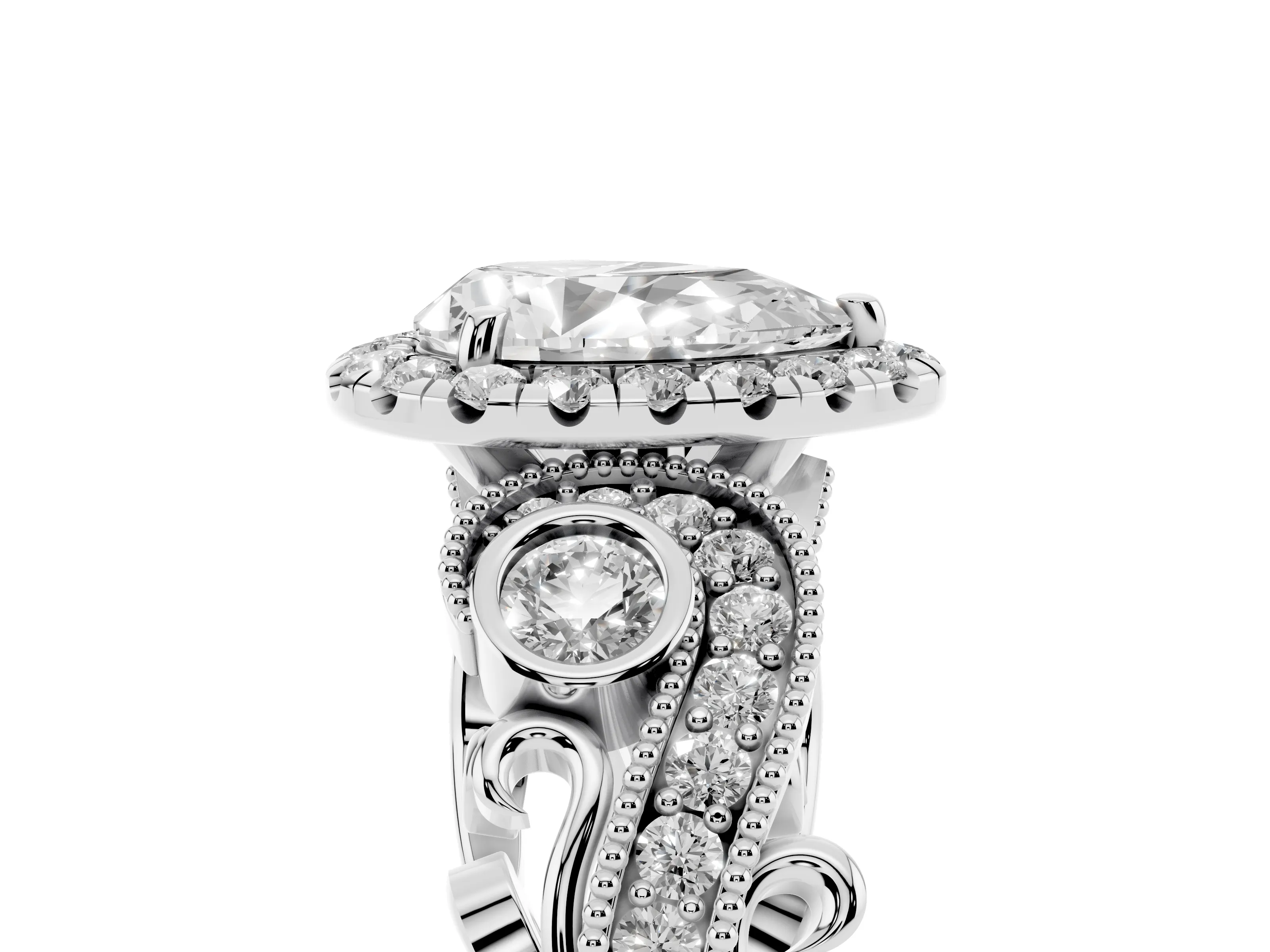 Pear Cut Diamond Halo Ring Set in Silver with Milgrain Pavé Band and Prong Setting