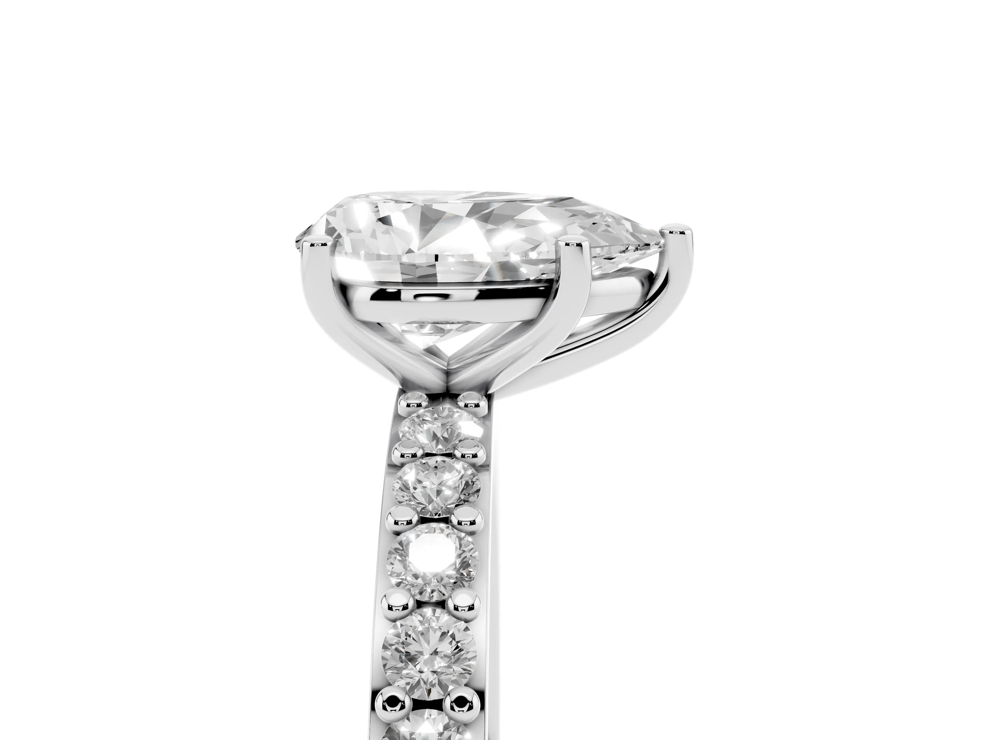 Pear Cut Diamond Solitaire Set in White gold with Round Pavé Band and Prong Setting