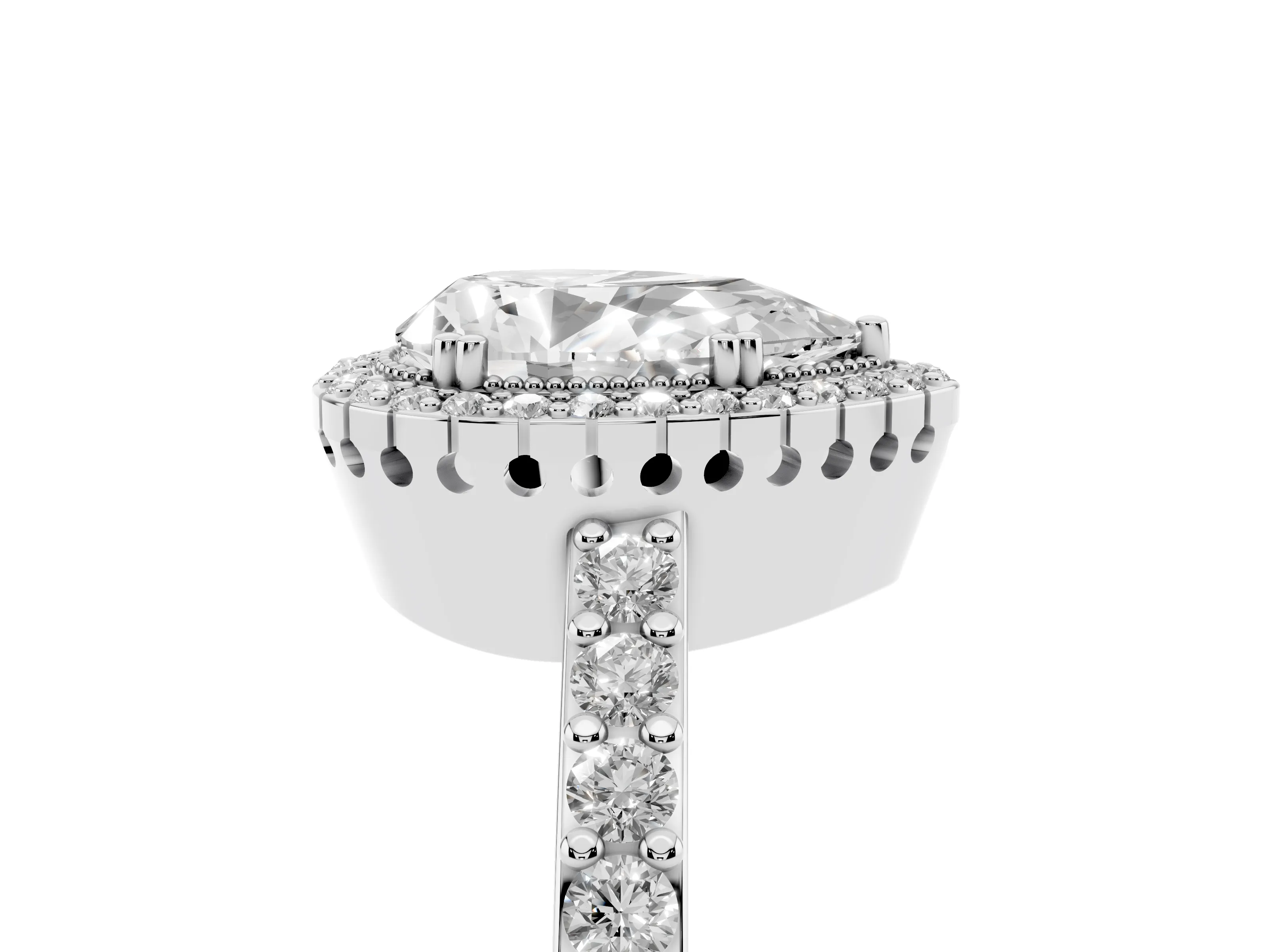 Pear Cut Diamond Halo Engagement Ring Set in Silver with Milgrain Detail and Pavé Band