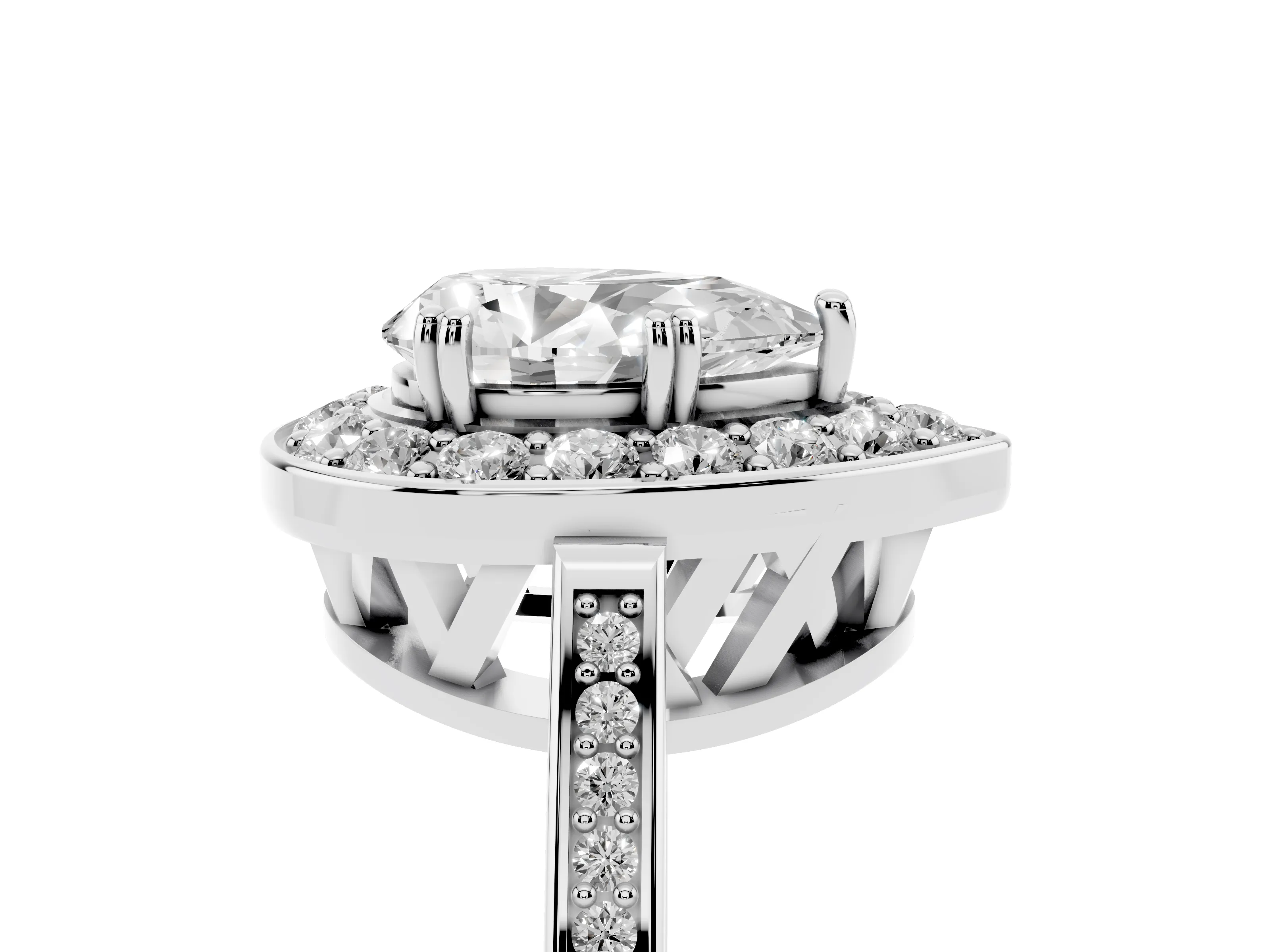 Pear Cut Diamond Halo Ring Set in Platinum with Accent-Lined Split Shank and Prong Setting