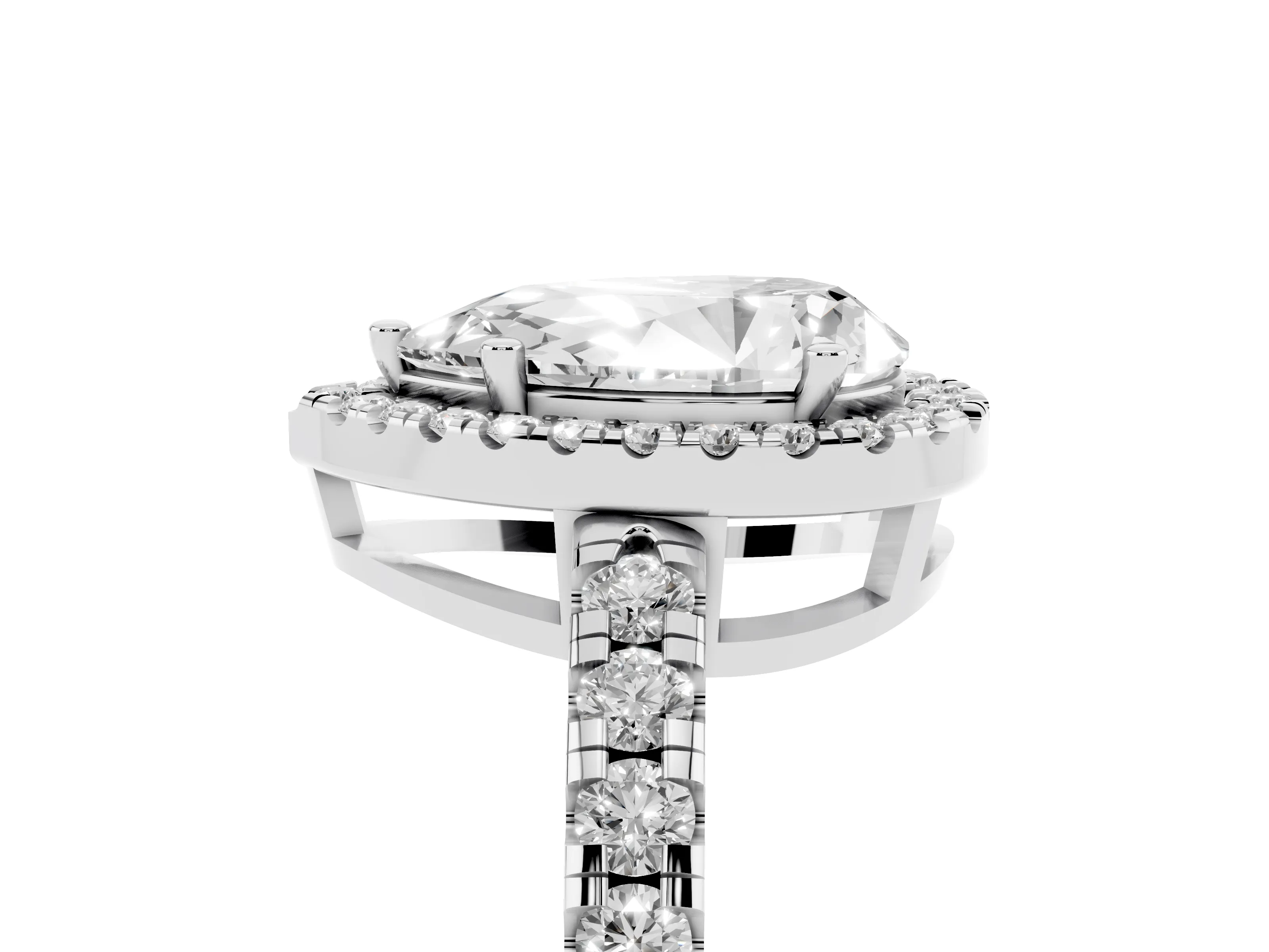 Pear Cut Diamond Halo Ring Set in White gold with Delicate Pavé Band and Prong Setting