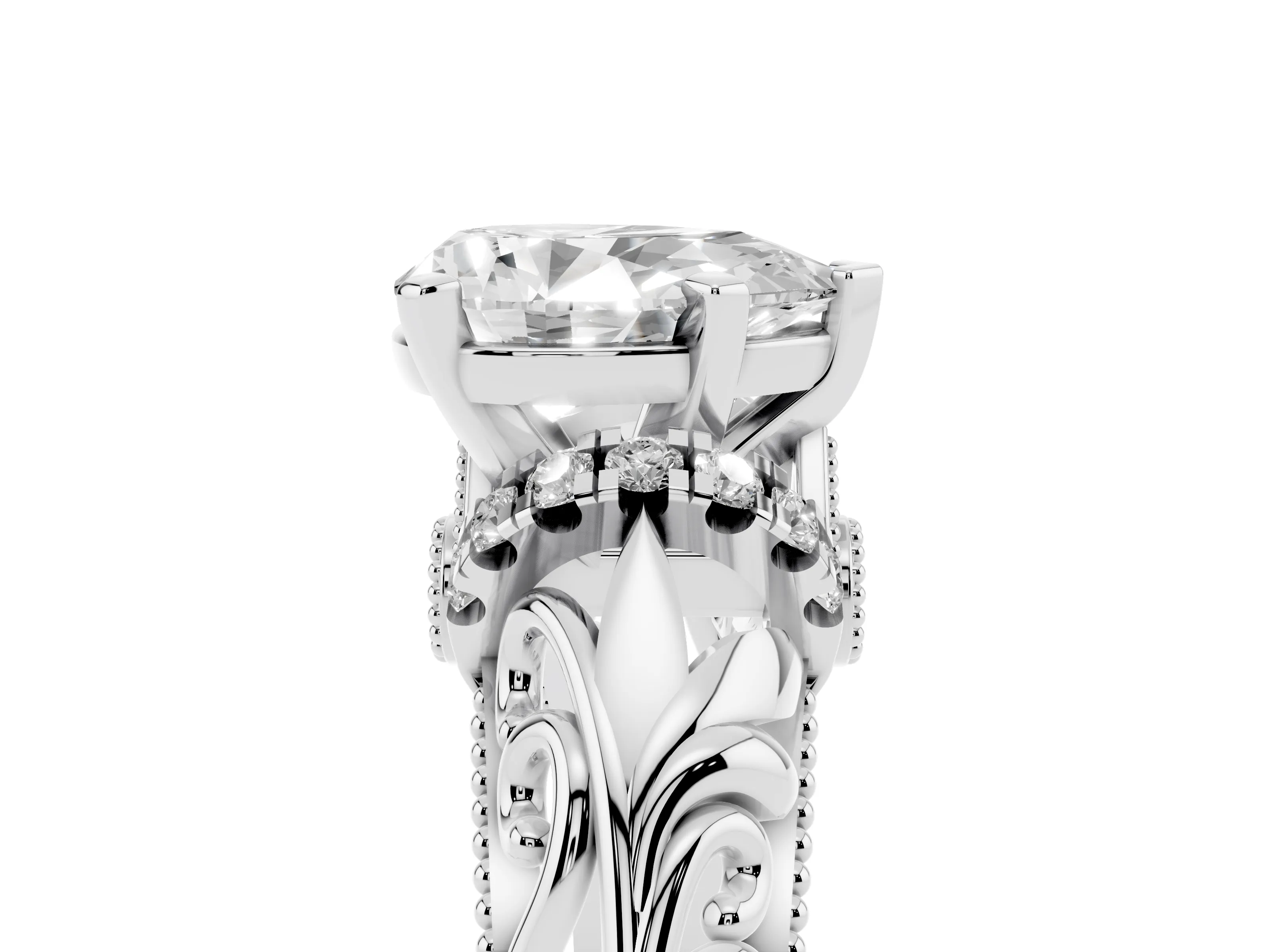 Pear Cut Diamond Filigree Halo Engagement Ring Set in White gold with Prong Setting