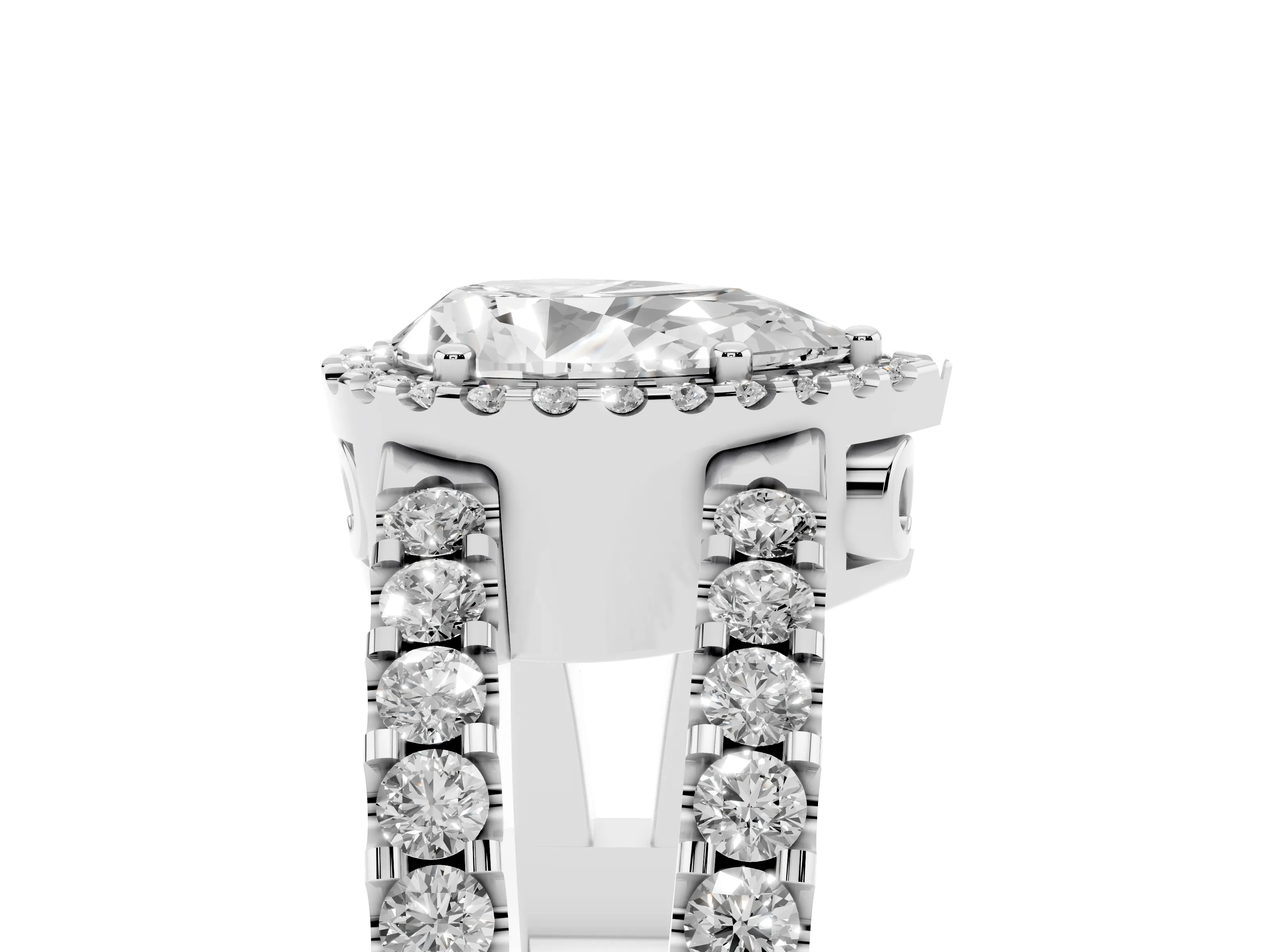 Pear Cut Diamond Halo Ring Set in White gold with Pavé Split Shank and Prong Setting