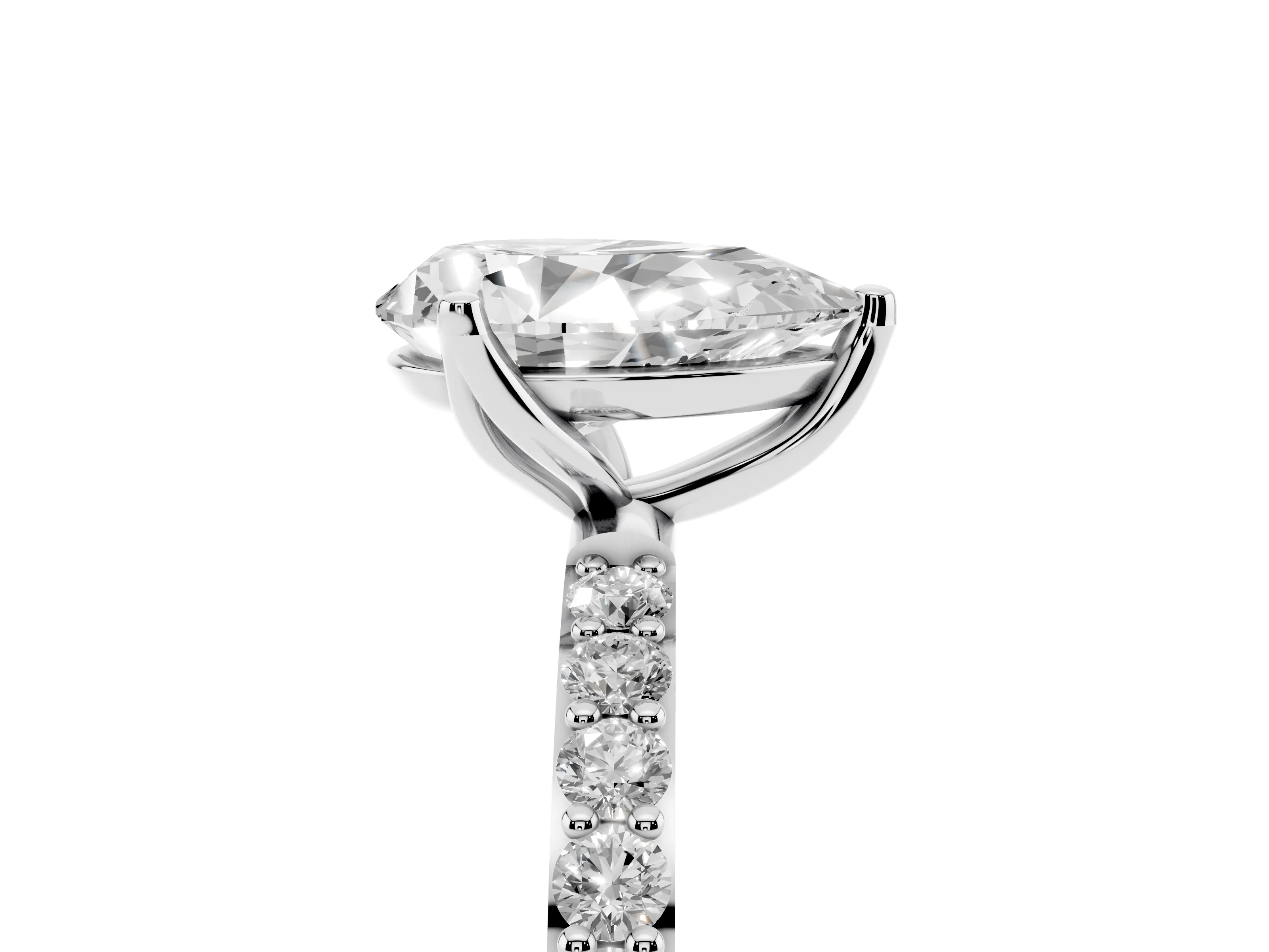 Pear Cut Diamond Solitaire Engagement Ring Set in White gold with Round Pavé Band and Prong Setting