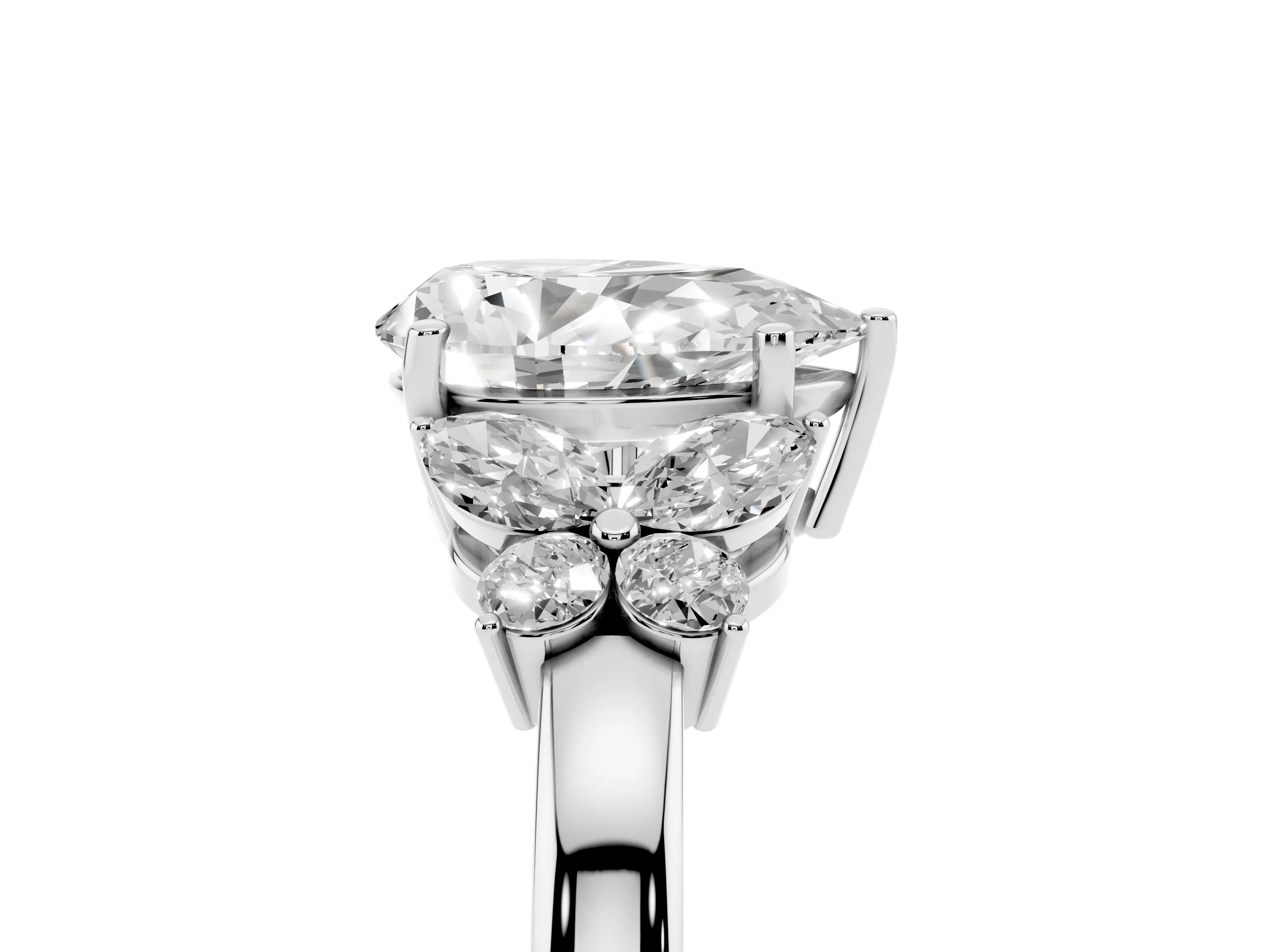 Pear Cut Diamond Solitaire Floral Ring Set in Silver with Marquise Petals and Prong Setting