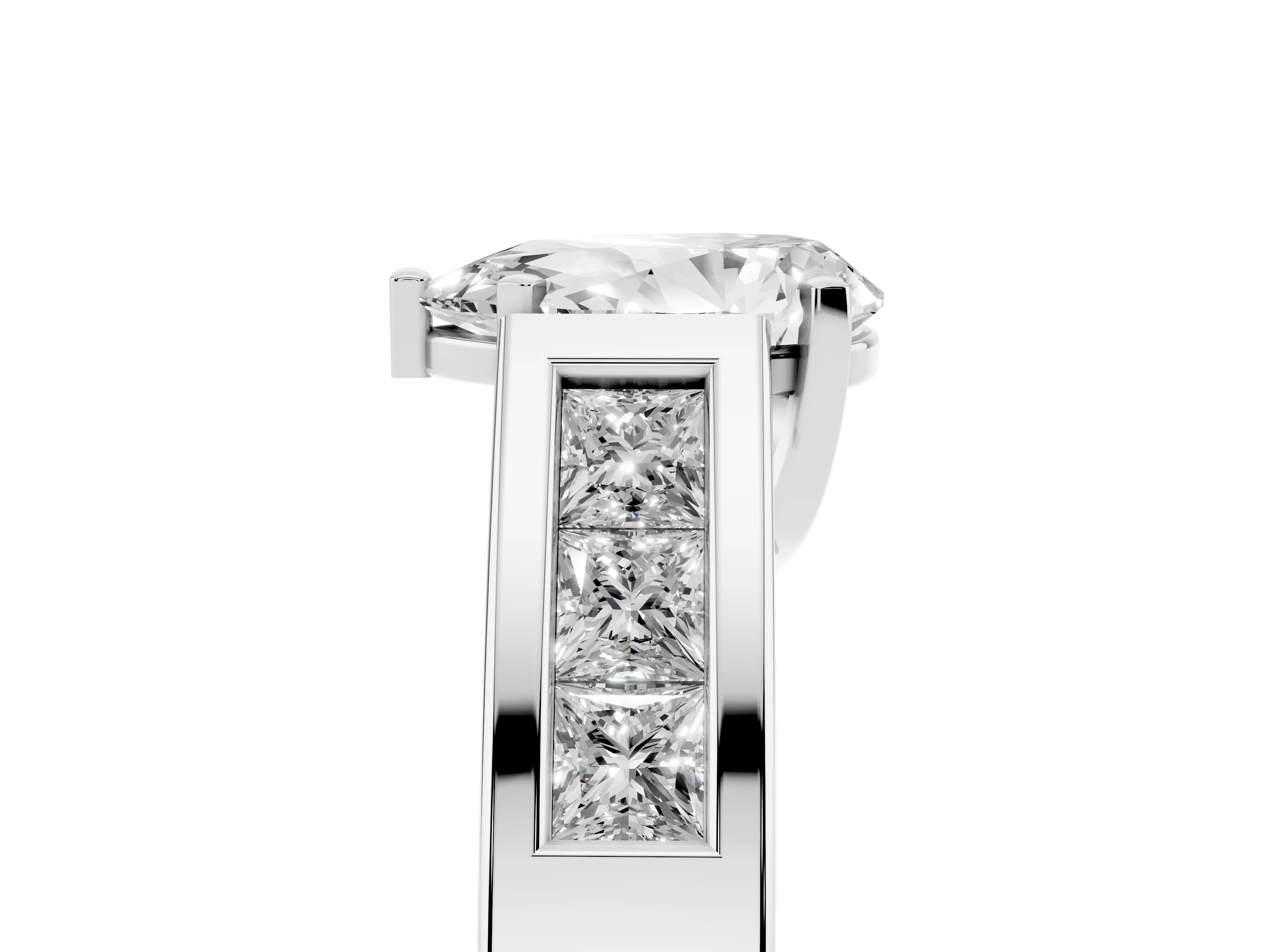Pear Cut Diamond Solitaire Ring Set in Silver with Channel-Set Accent Stones and Prong Setting