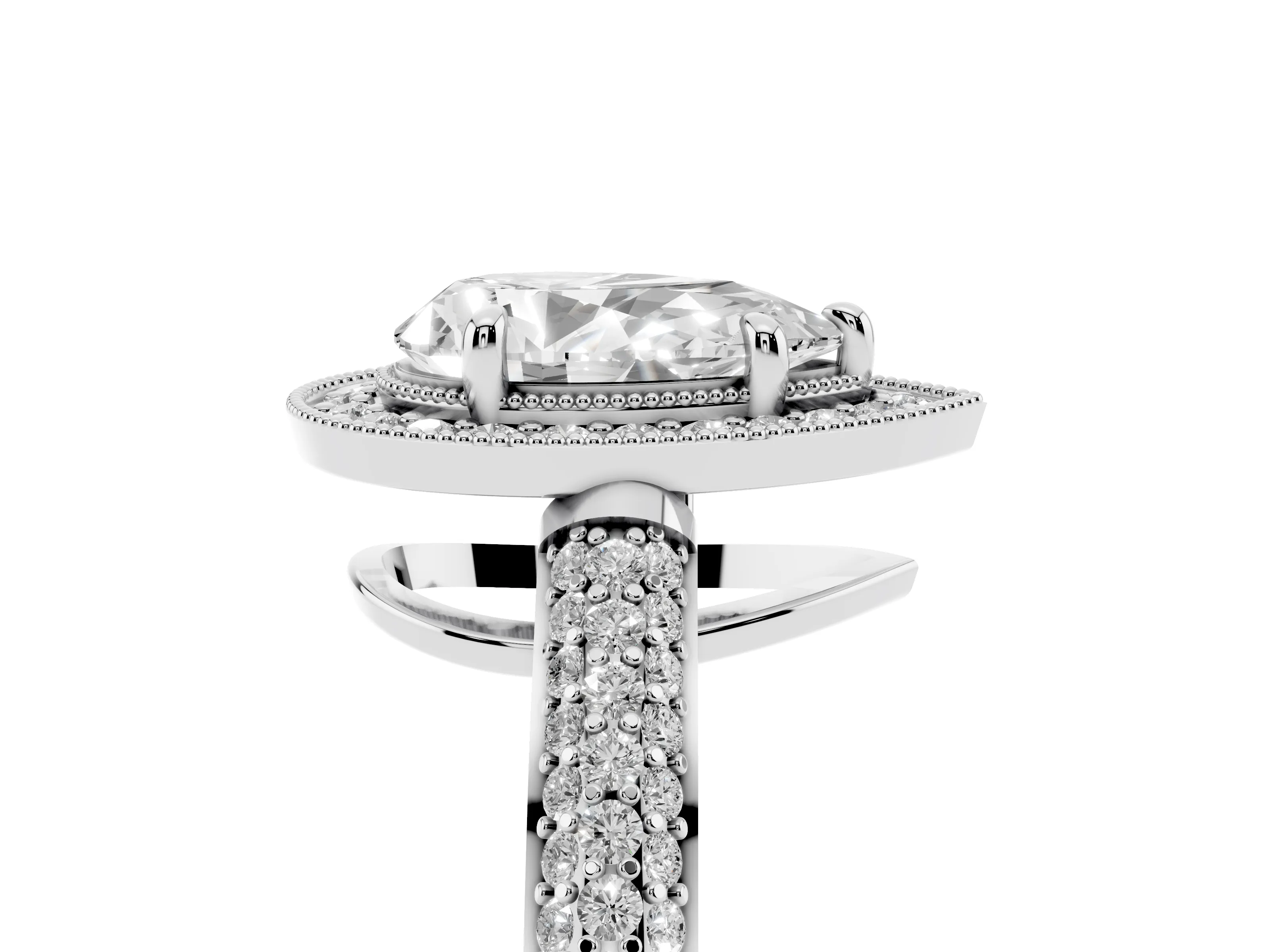 Pear Cut Diamond Halo Pavé Band Set in White gold with Prong Setting