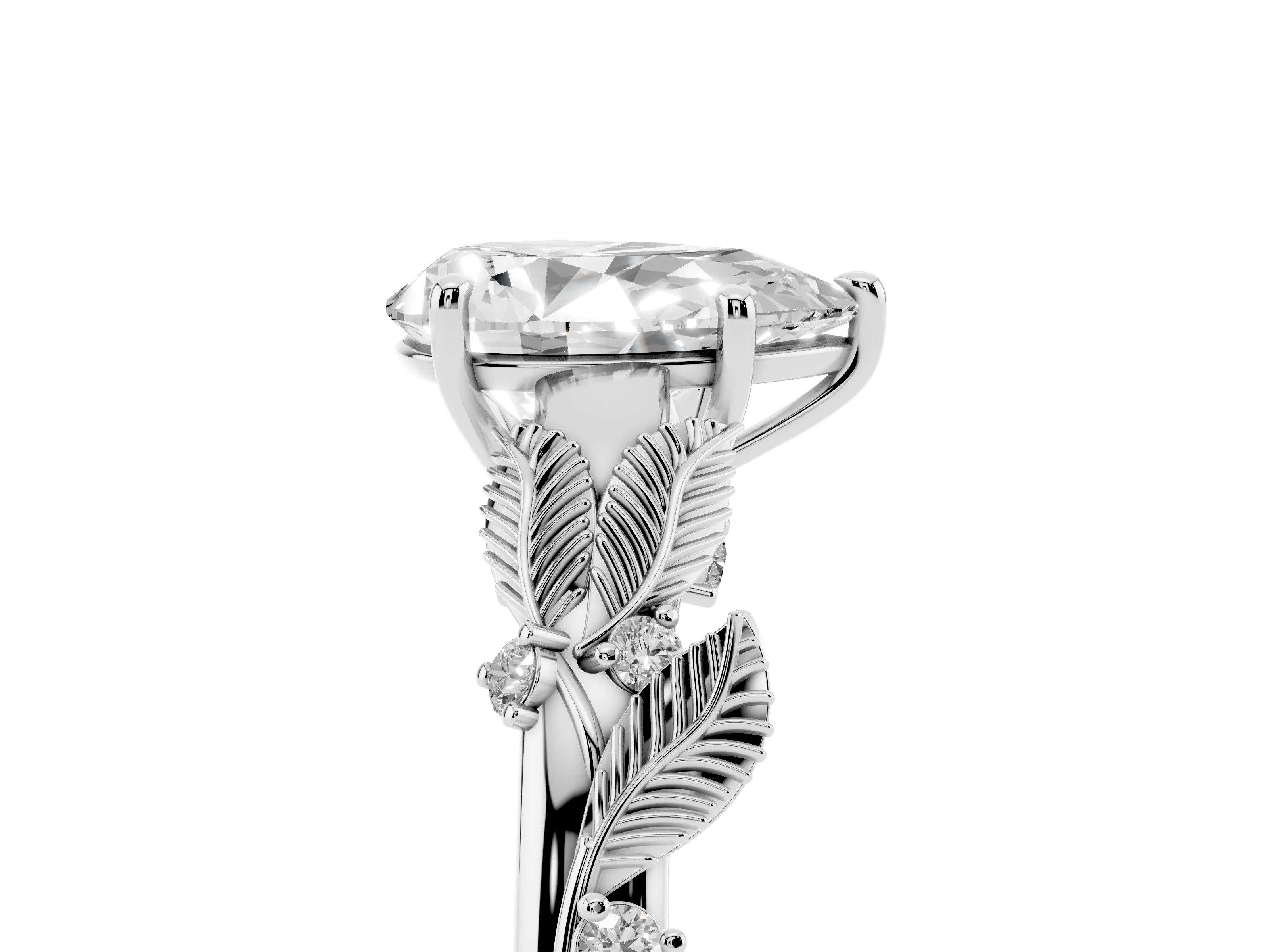 Pear Cut Diamond Solitaire Ring Set in White gold with Leaf Motif Band