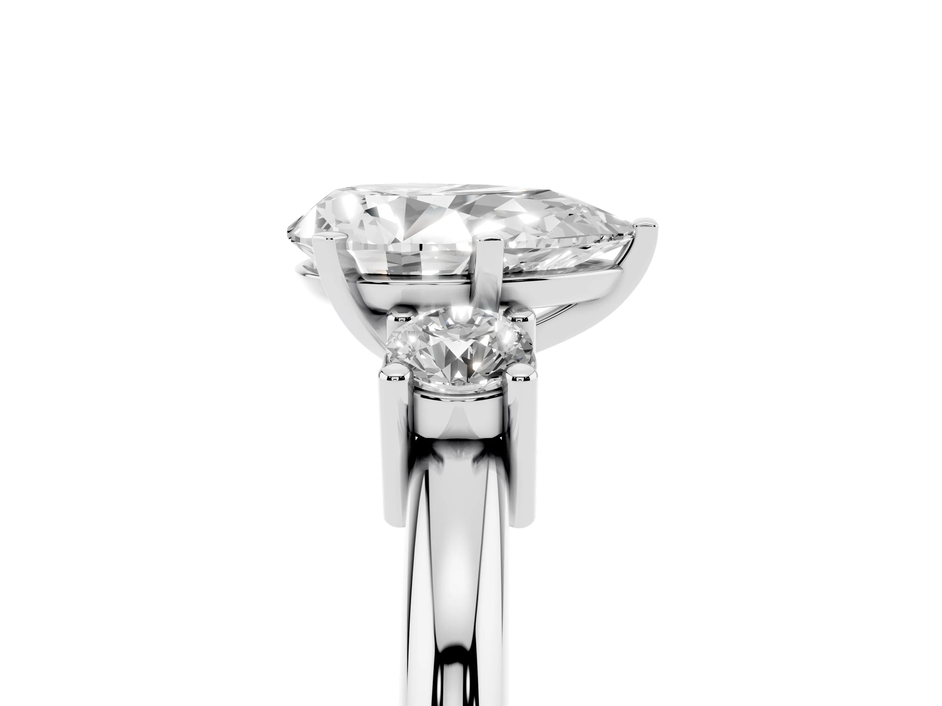 Three-Stone Pear Cut Diamond Ring Set in White gold with Prong Setting and Plain Band
