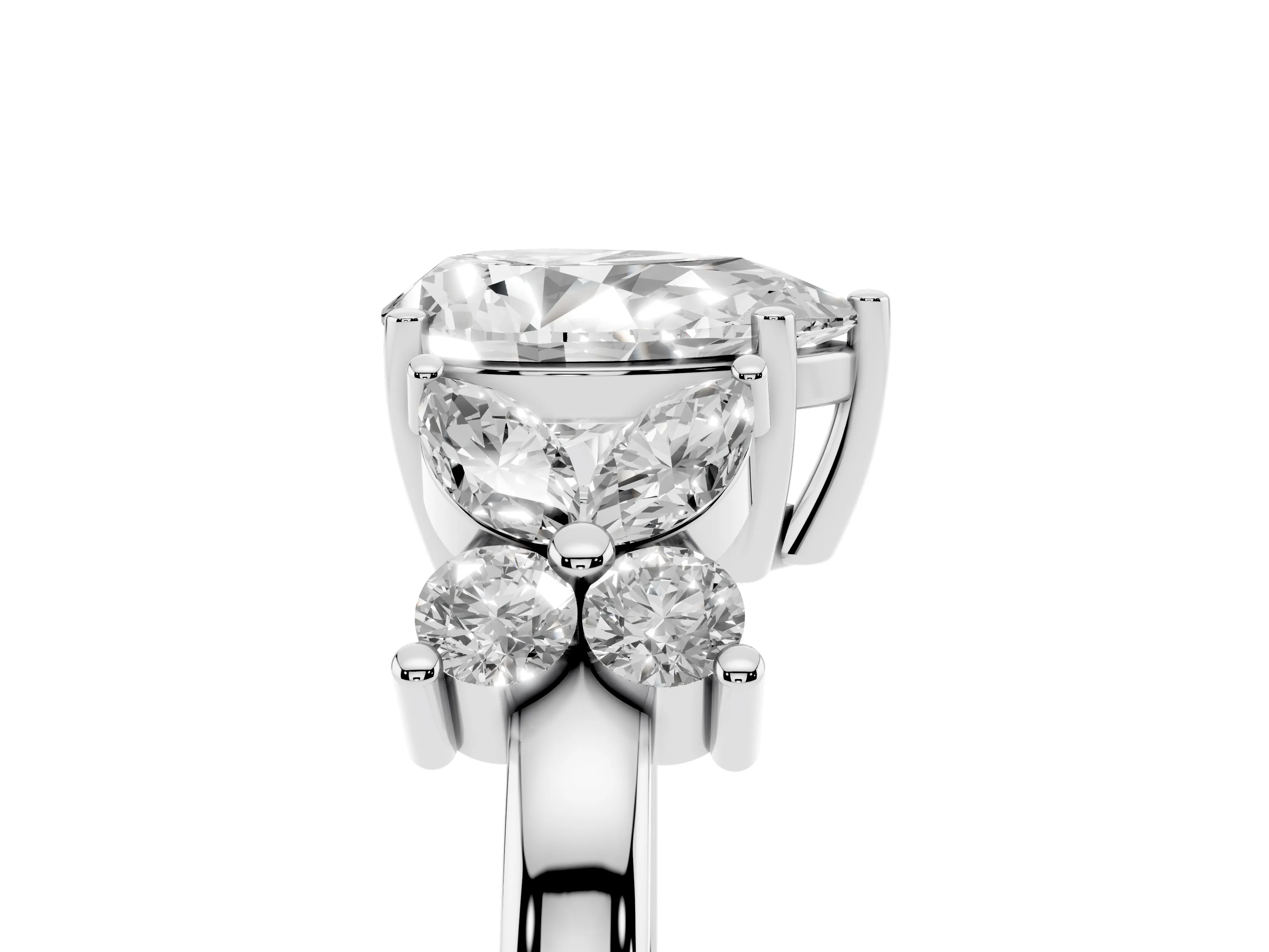 Pear Cut Diamond Floral Cluster Ring Set in Silver with Marquise Petals and Prong Setting