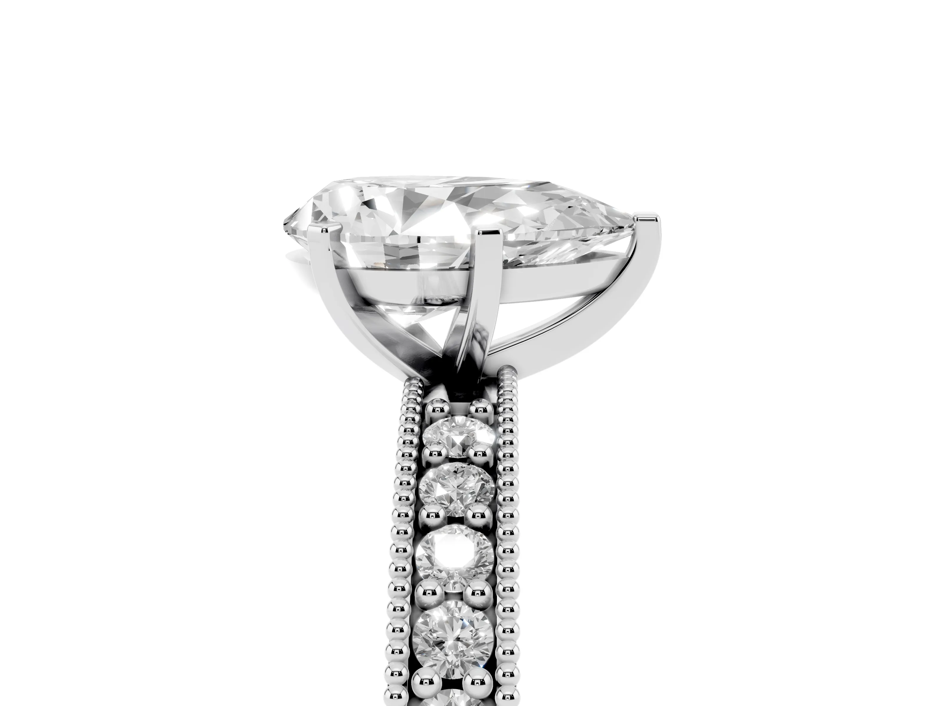 Pear Cut Diamond Milgrain Pavé Engagement Ring Set in White gold with Prong Setting