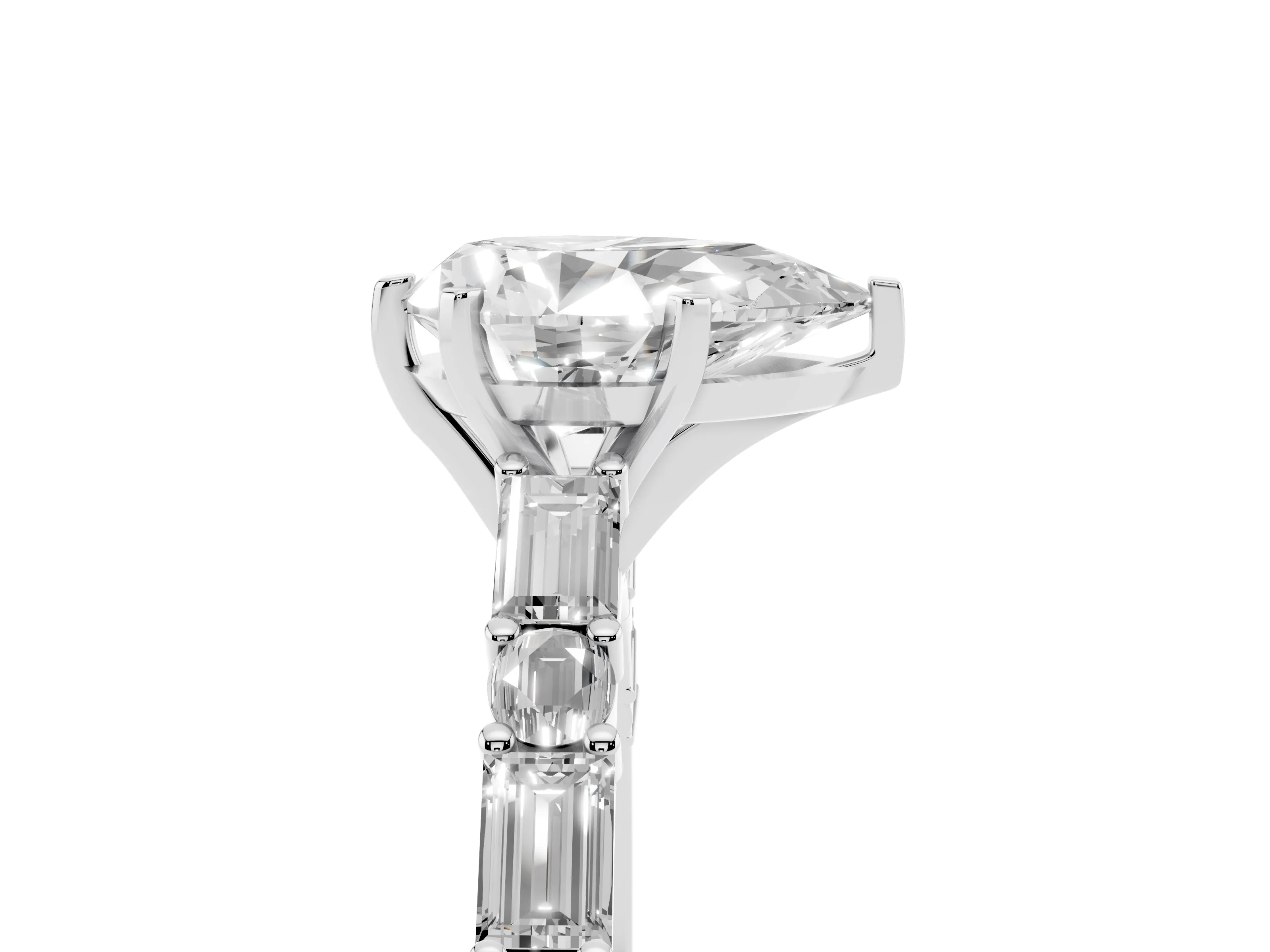 Pear Cut Diamond Solitaire Set in Platinum with Side Baguettes and Channel Set Band