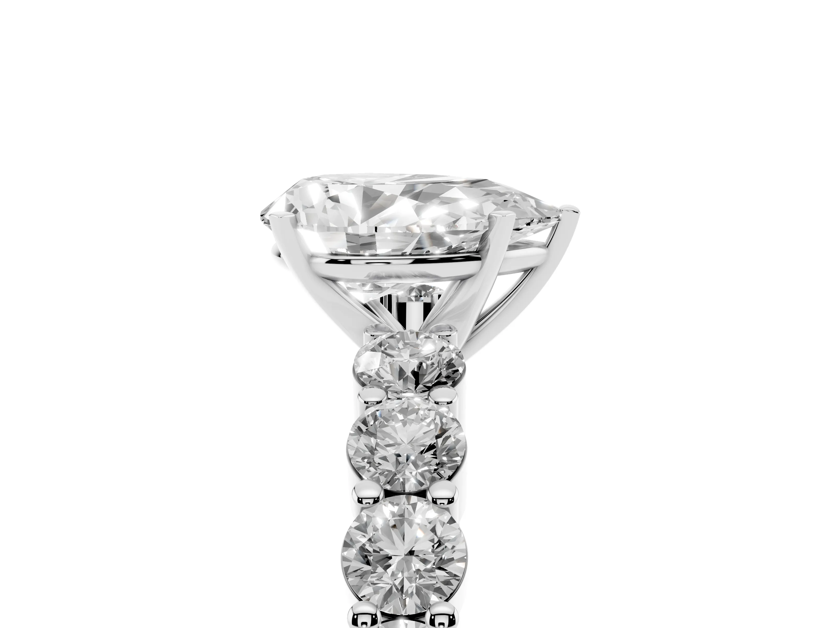 Pear Cut Diamond Solitaire Ring Set in Silver with Shared Prong Round Side Stones