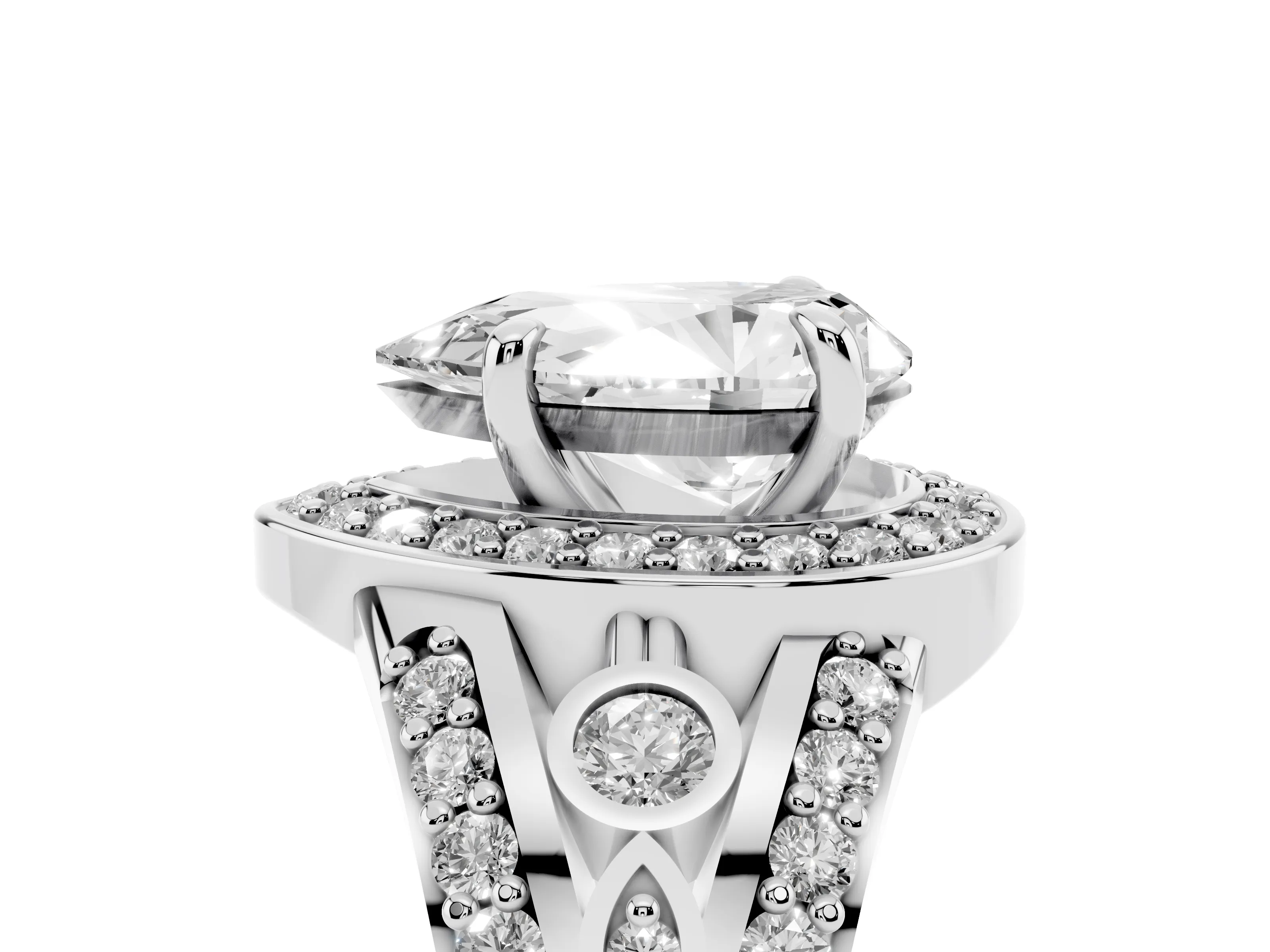 Pear Cut Diamond Halo Ring Set in White gold with Pavé Split Shank and Bezel Accents