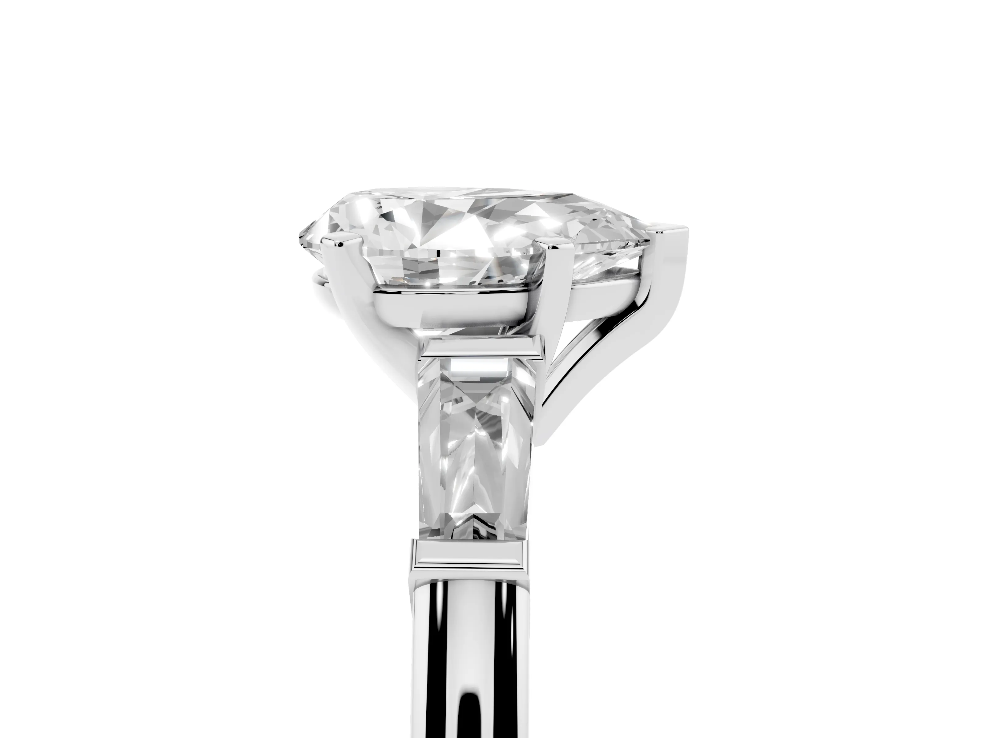 Pear Cut Diamond Solitaire Ring Set in Silver with Tapered Baguette Side Stones and Prong Setting