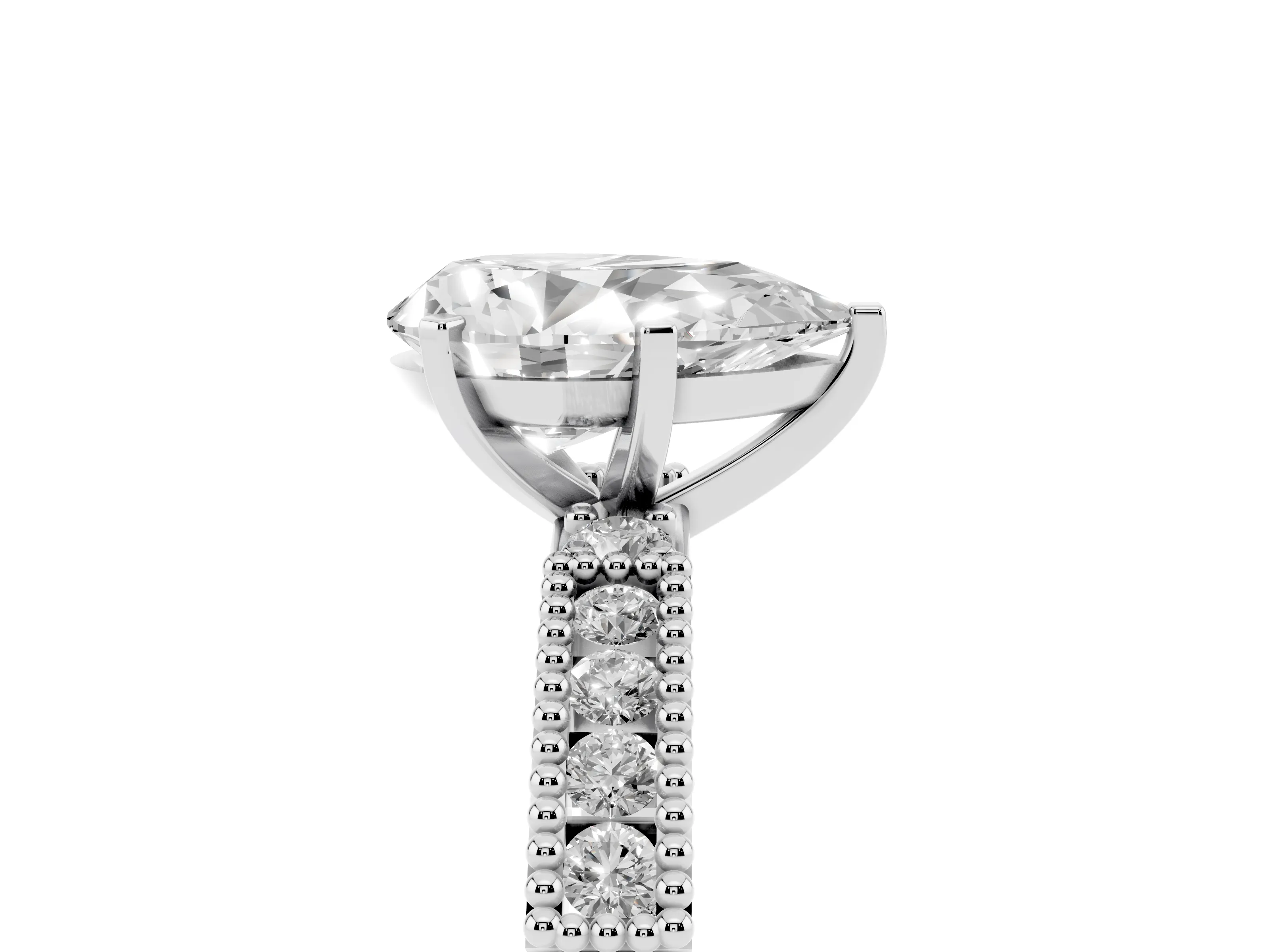 Pear Cut Diamond Solitaire Ring Set in Platinum with Slim Pavé Band and Prong Setting