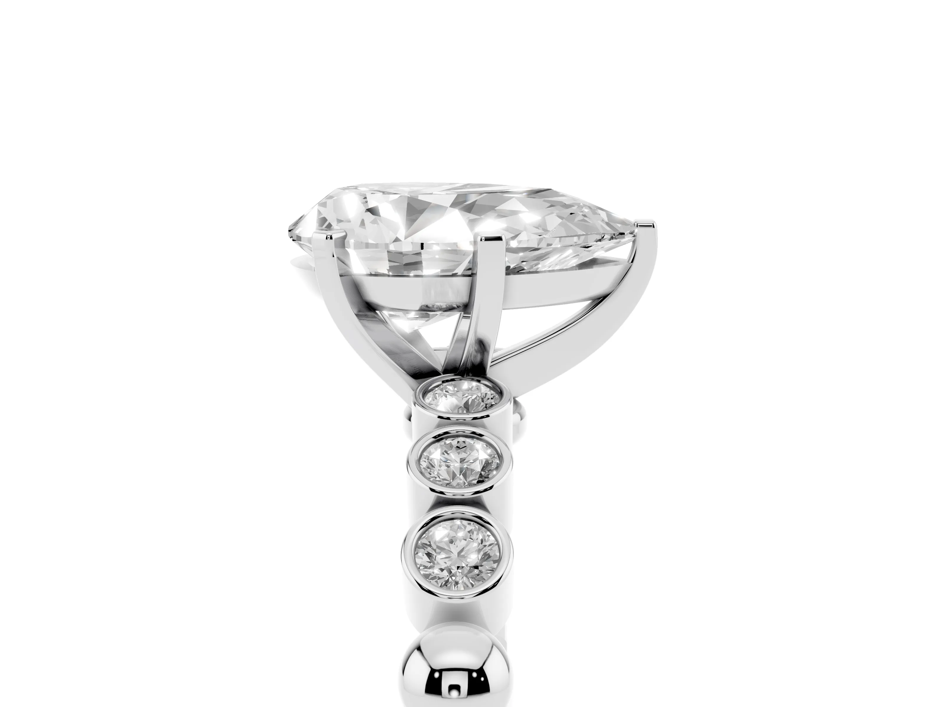 Pear Cut Diamond Solitaire Engagement Ring Set in Platinum with Bezel Accents on Beaded Band
