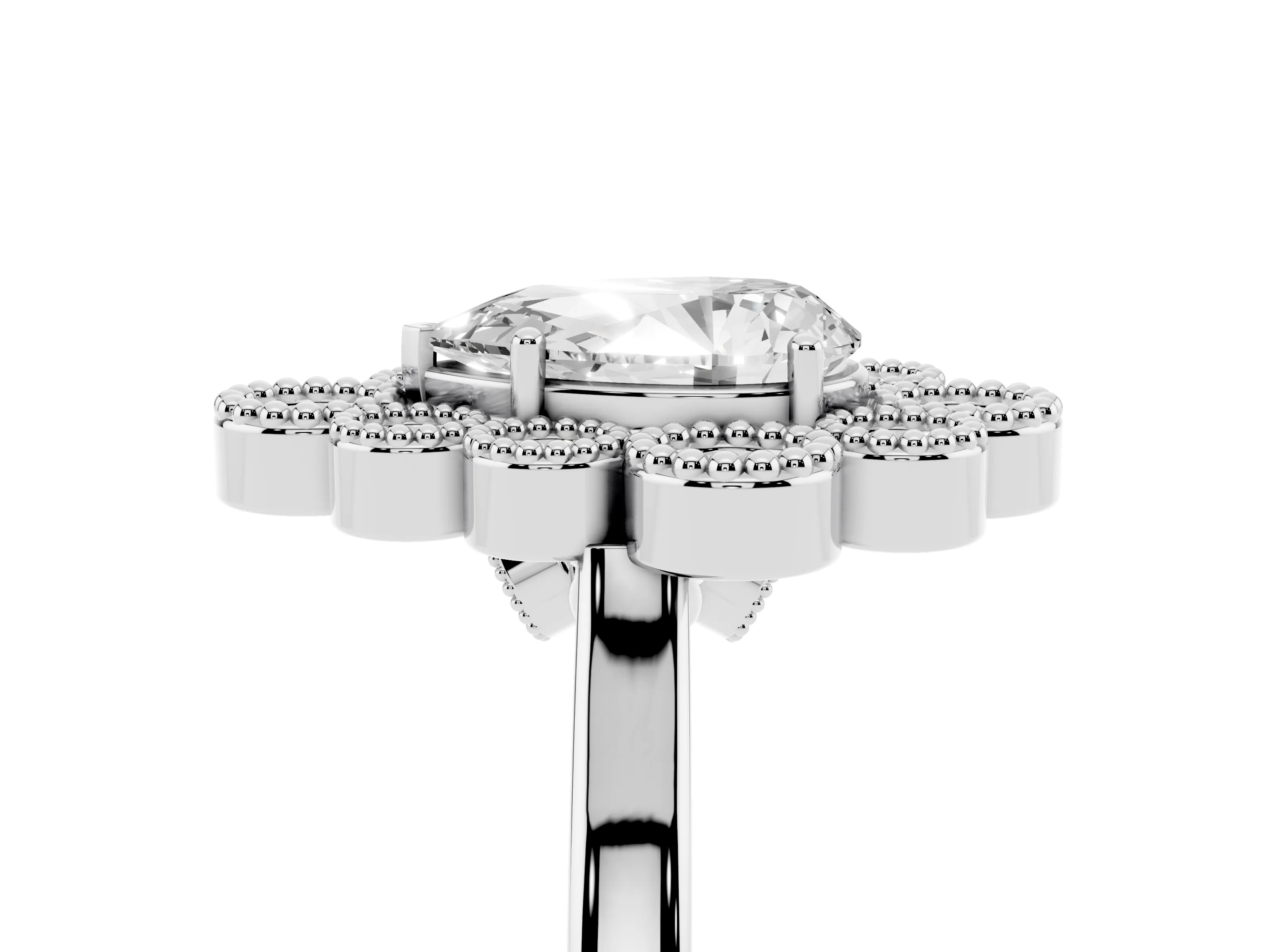 Pear Cut Diamond Cluster Halo Ring Set in White gold with Milgrain Bezel Accents and Plain Band