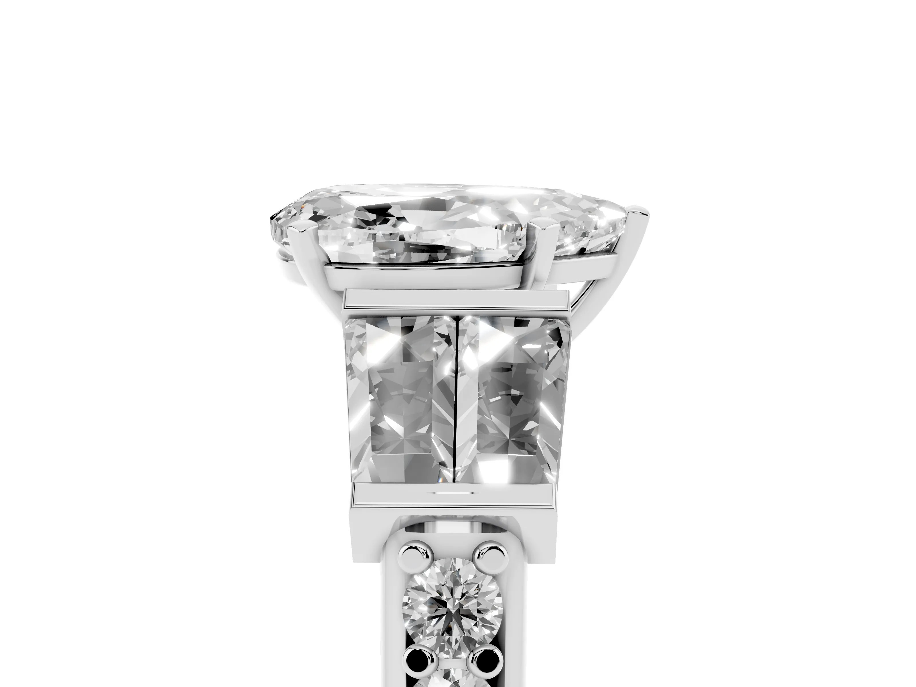 Pear Cut Diamond Engagement Ring Set in White gold with Baguette Side Stones and Channel Set Band