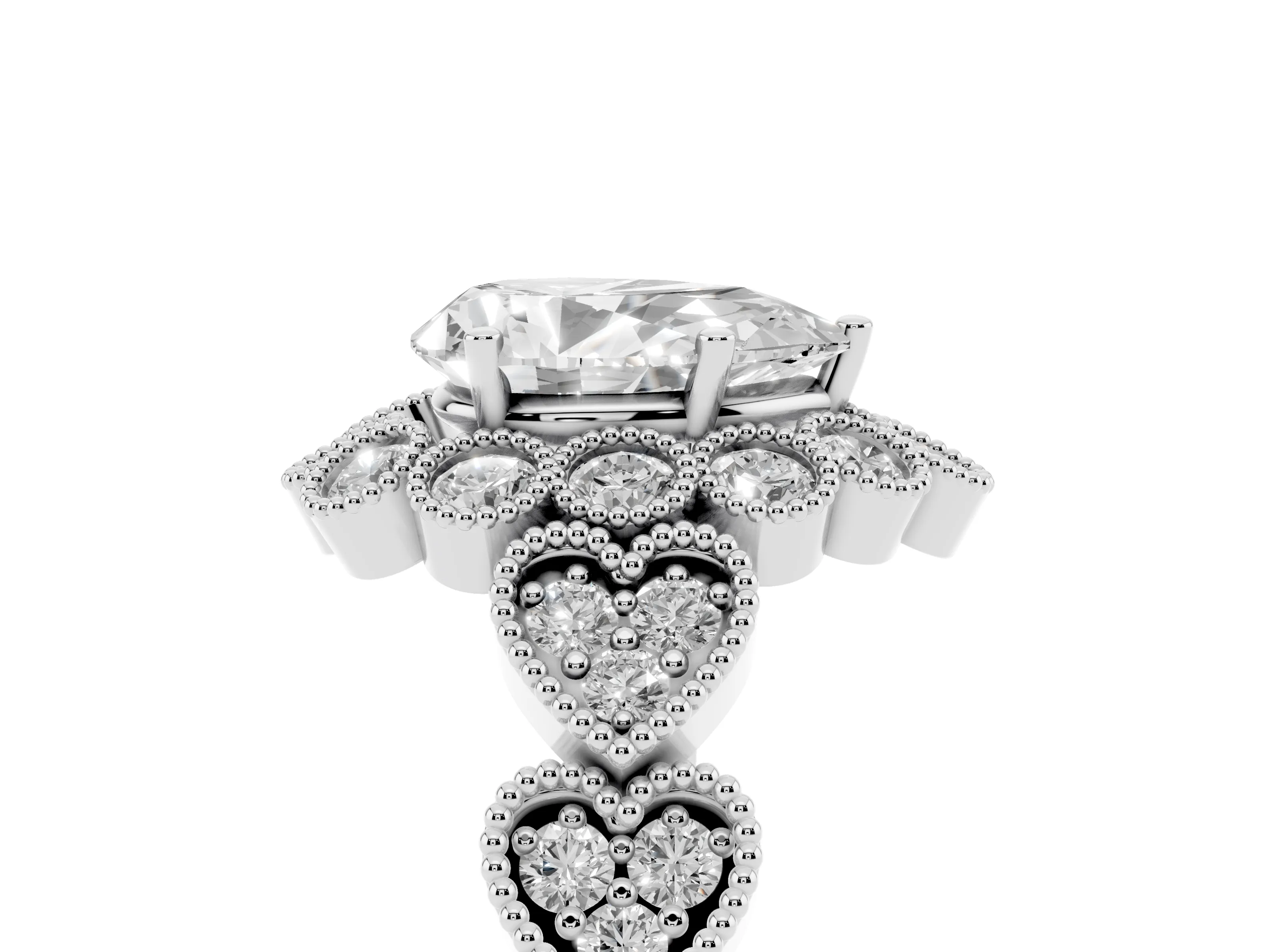 Pear Cut Diamond Solitaire Ring Set in Platinum with Milgrain Pavé Heart Band