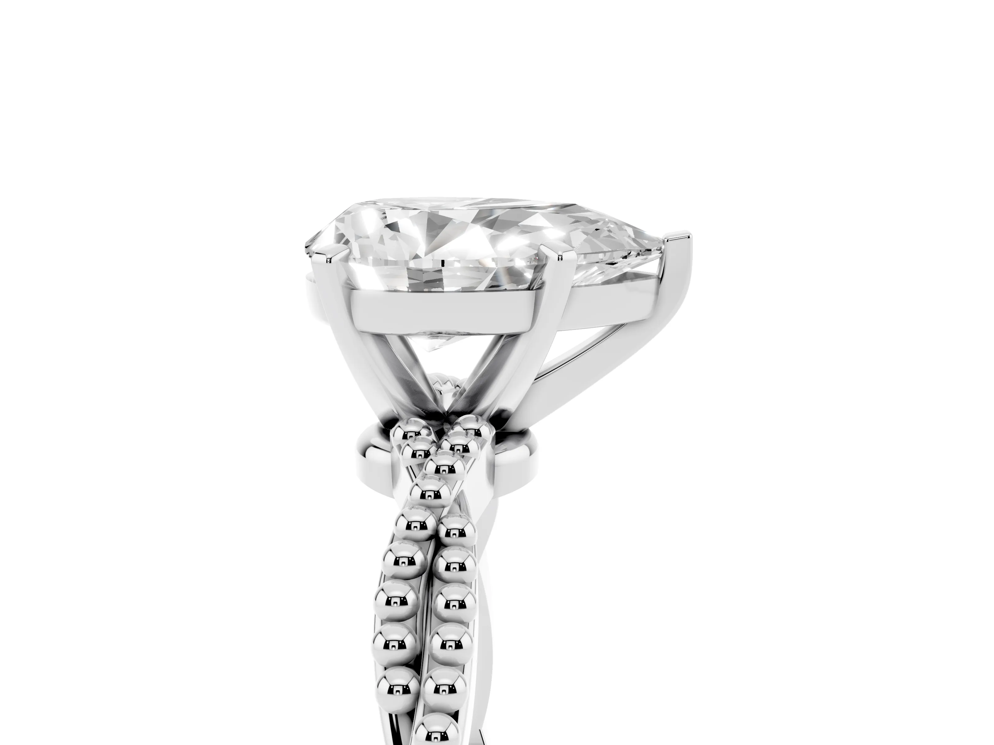 Pear Cut Diamond Solitaire Ring Set in White gold with Twisted Band and Bead Prong Setting