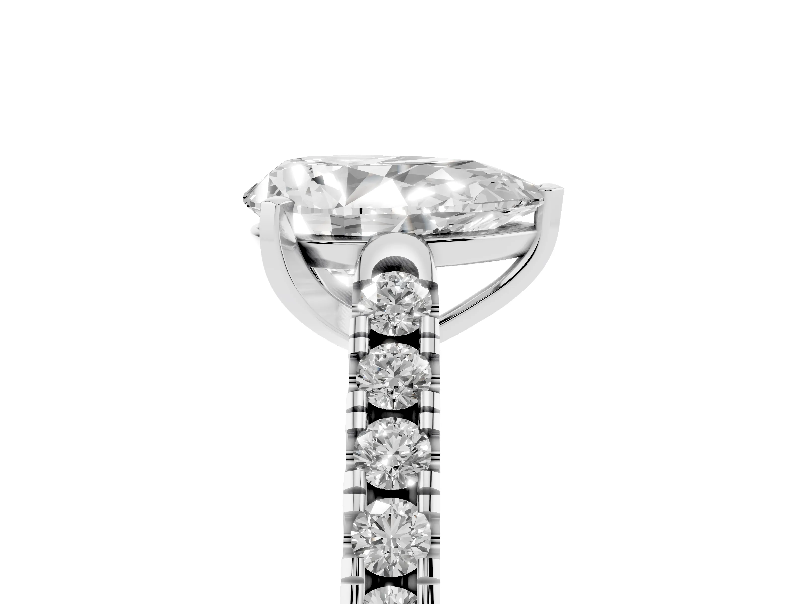 Pear Cut Diamond Pavé Band Solitaire Ring Set in White gold with Partway Accent Stones and Prong Setting