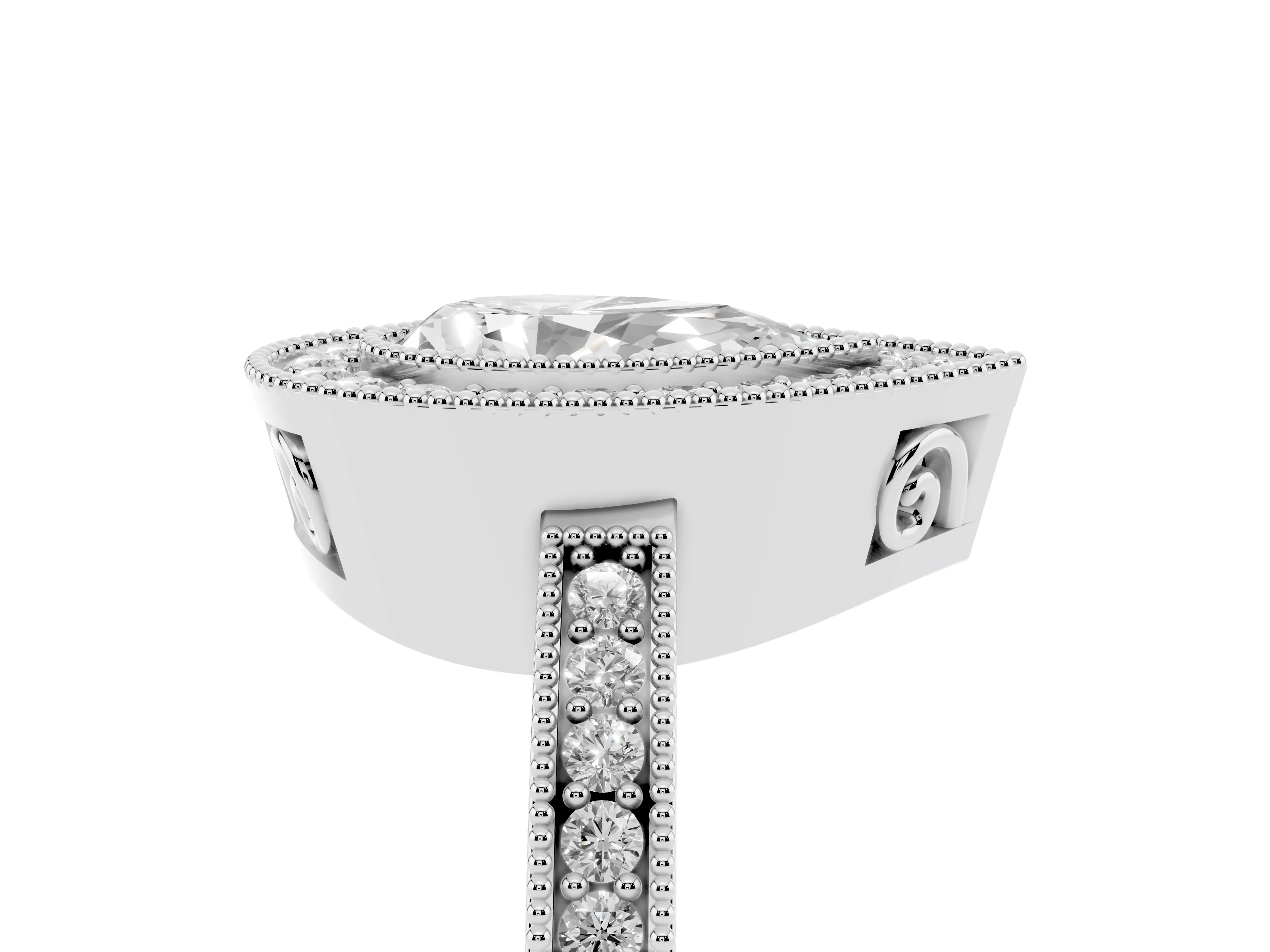 Pear Cut Diamond Round Halo Ring Set in White gold with Pavé Band