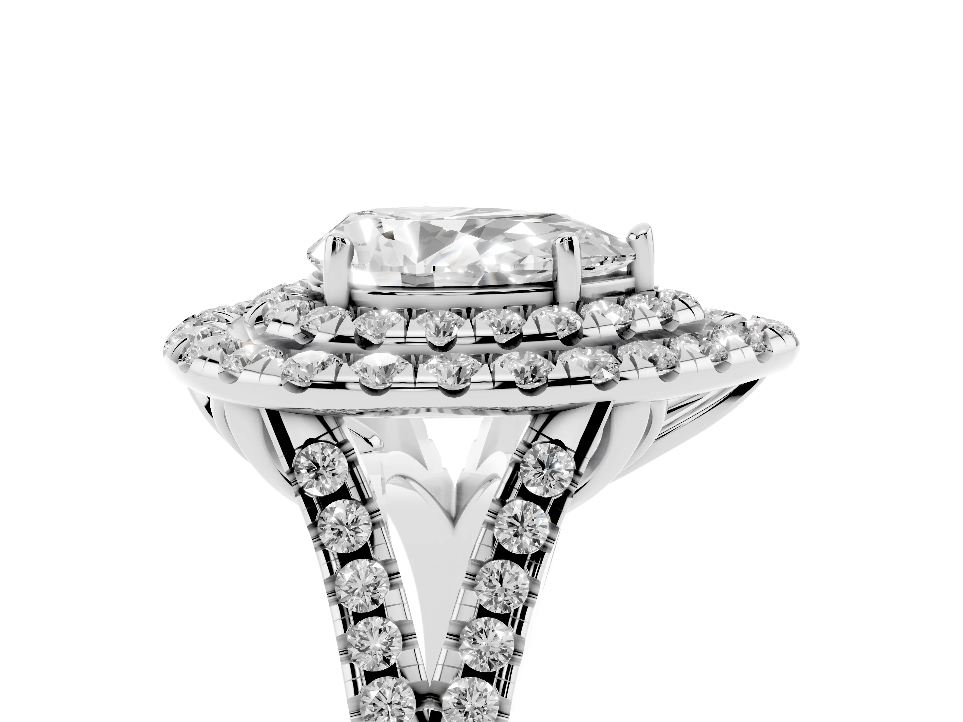 Pear Cut Diamond Double Halo Ring Set in Silver with Pavé Split Shank and Prong Setting