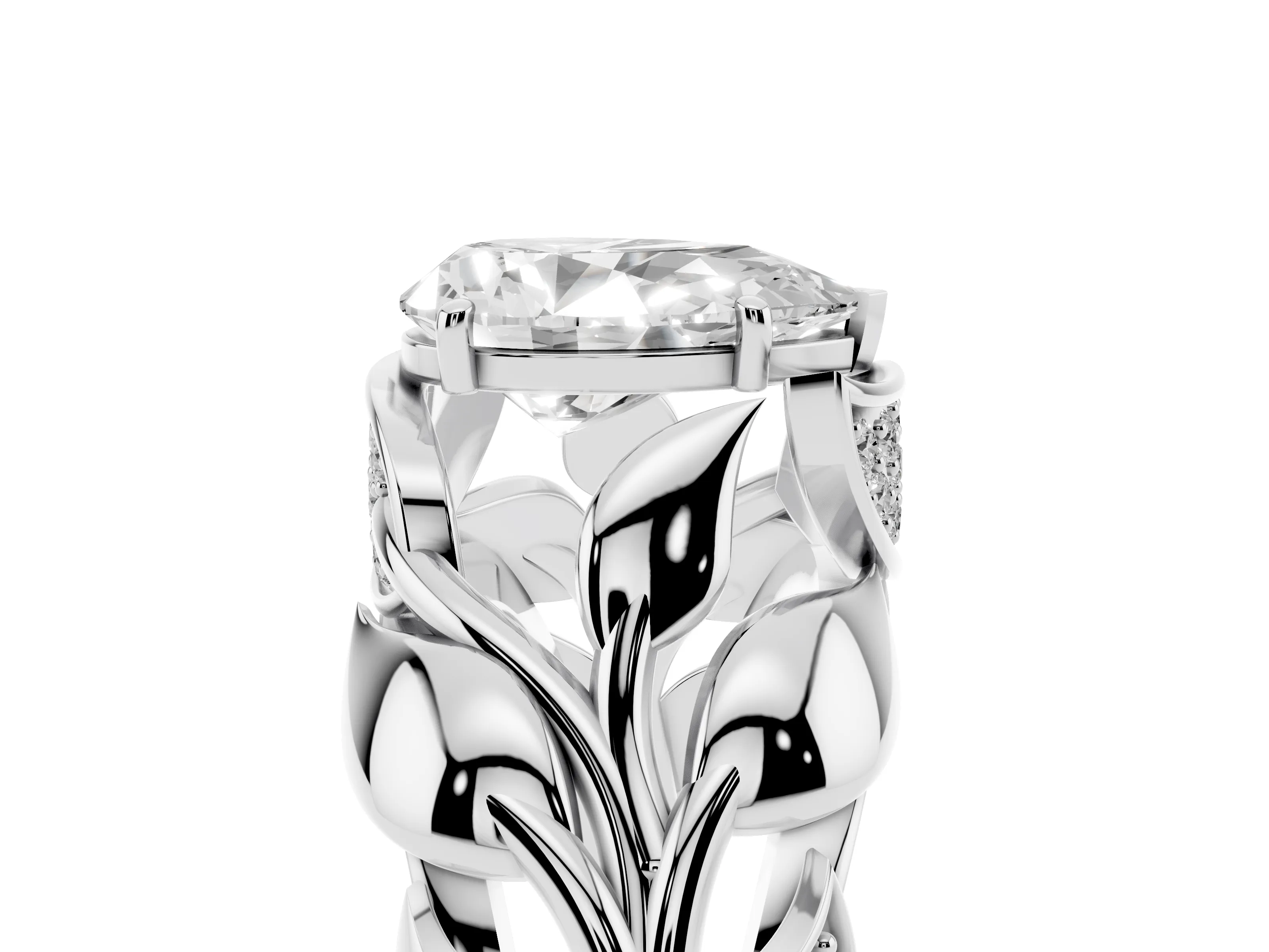 Pear Cut Diamond Leaf-Inspired Engagement Ring Set in Silver with Round Accents