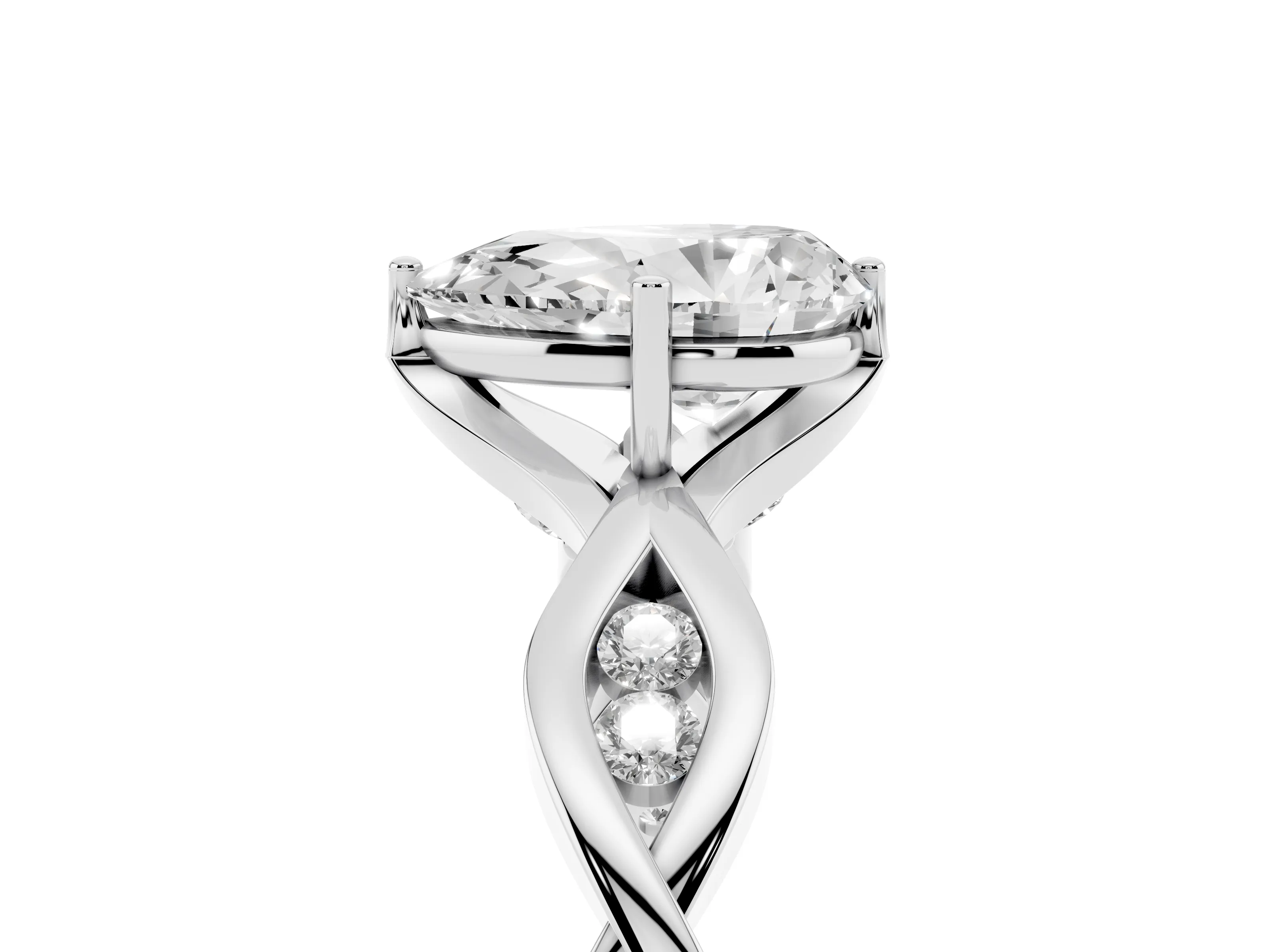 Pear Cut Diamond Twist Band Solitaire Ring Set in Silver with Leaf Prong Setting and Accent Stones