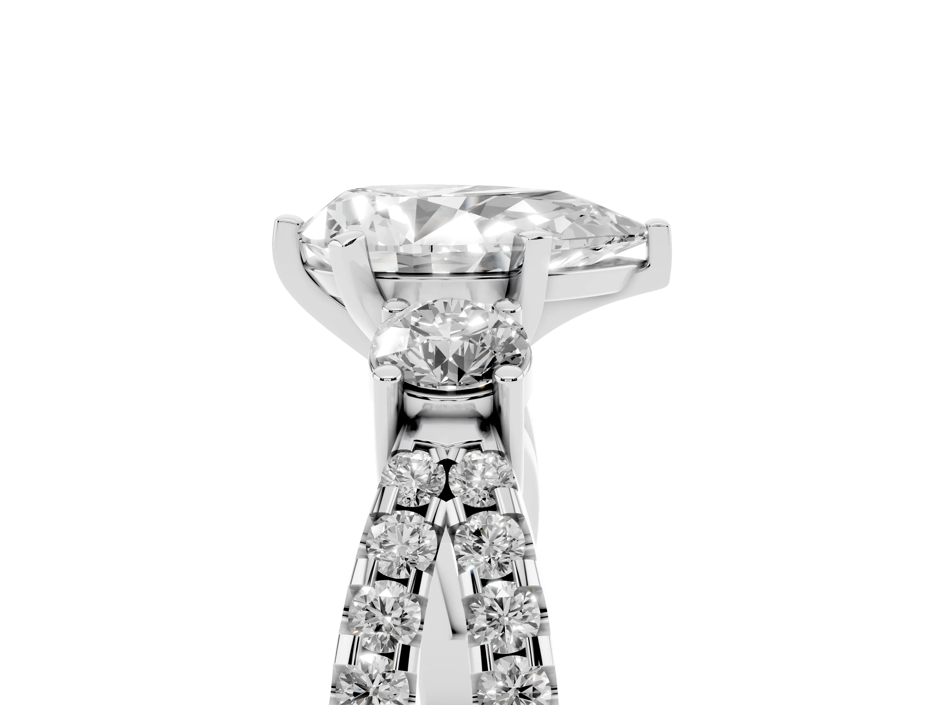 Pear Cut Diamond Three-Stone Ring Set in Silver with Pavé Split Shank and Prong Setting