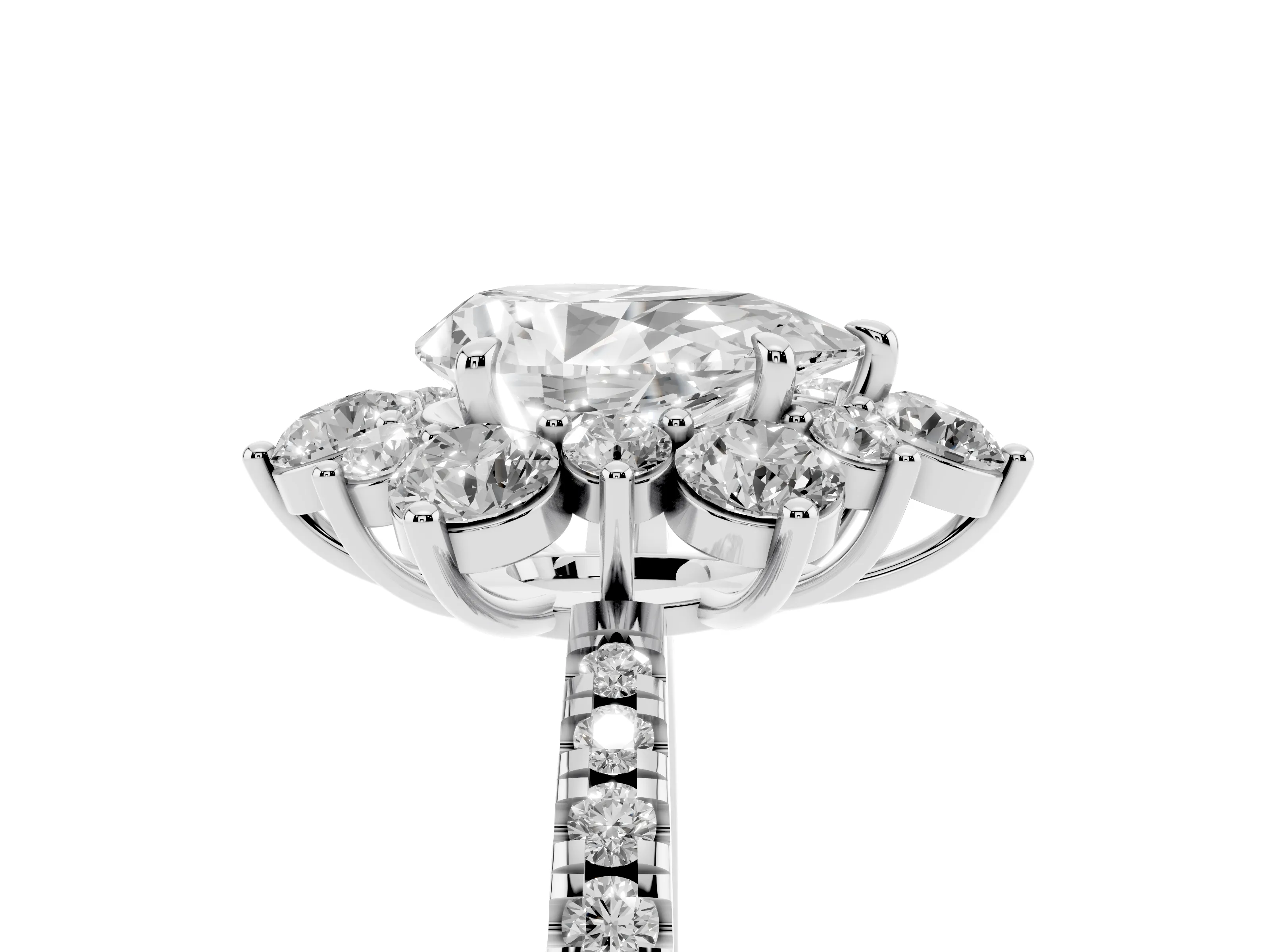 Pear Cut Diamond Floral Halo Ring Set in White gold with Round Pavé Band and Prong Setting