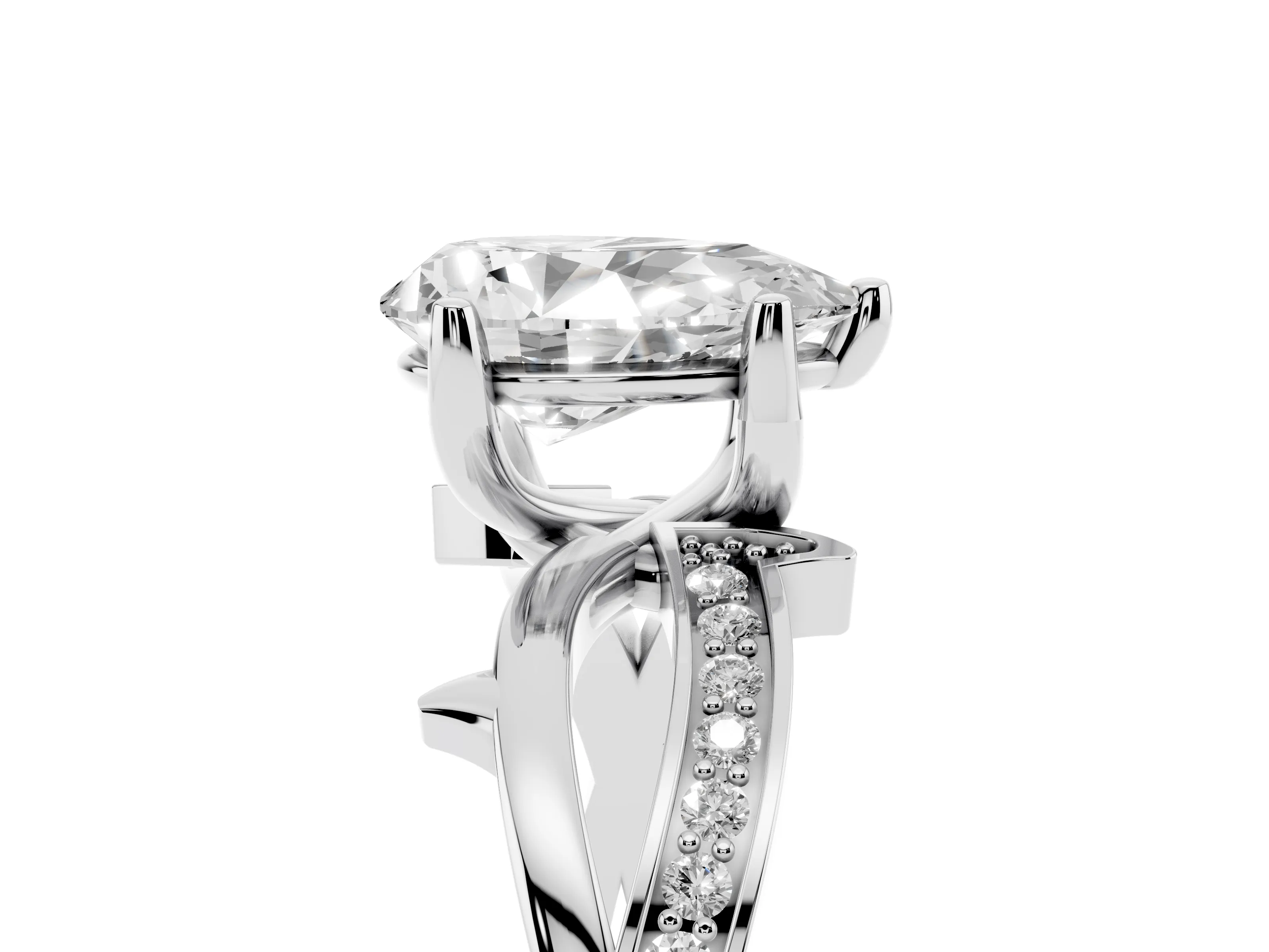 Pear Cut Diamond Pavé Twist Band Solitaire Ring Set in Platinum with Prong Setting