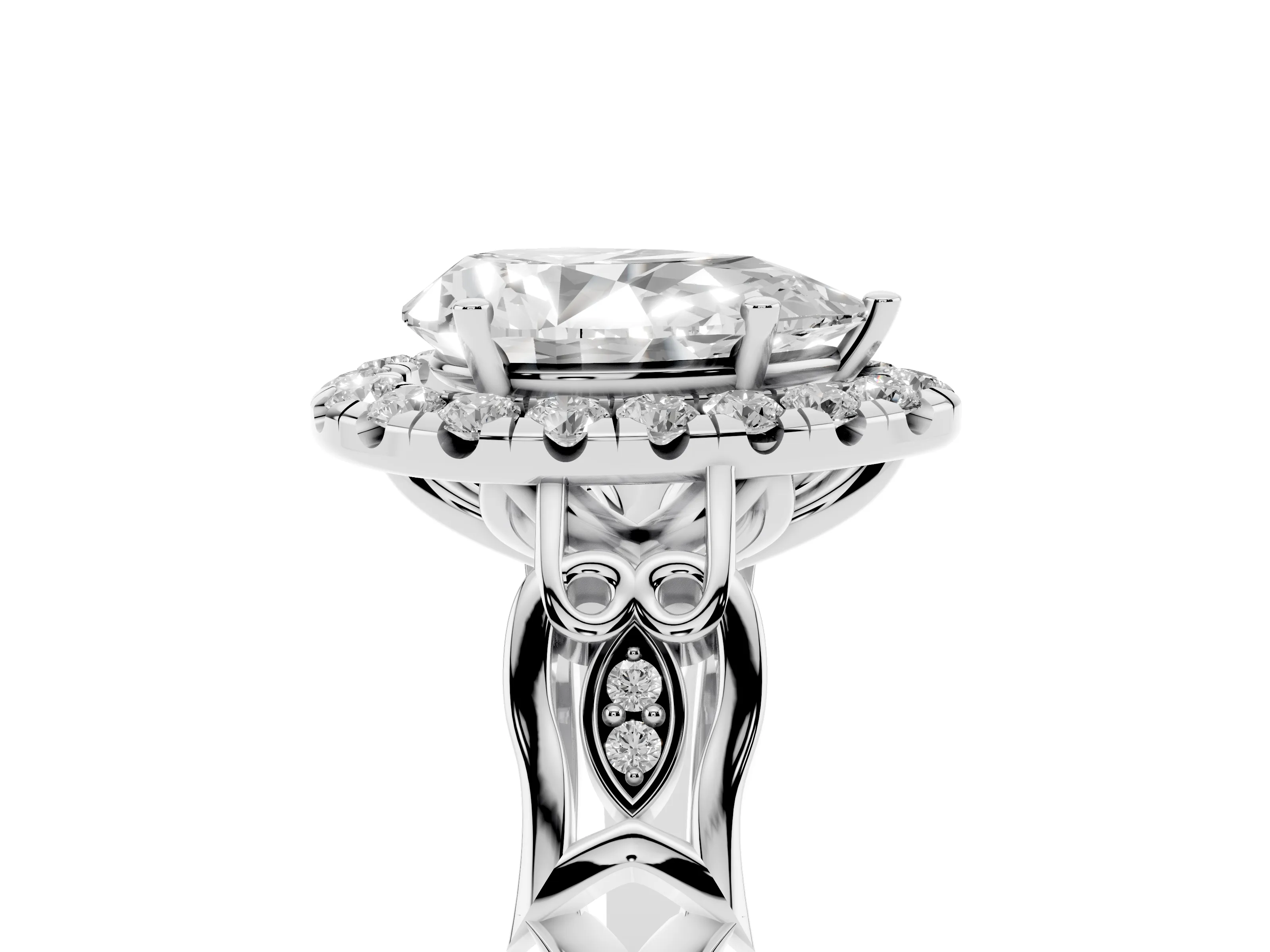 Pear Cut Diamond Halo Engagement Ring Set in White gold with Filigree Band and Prong-Set Center